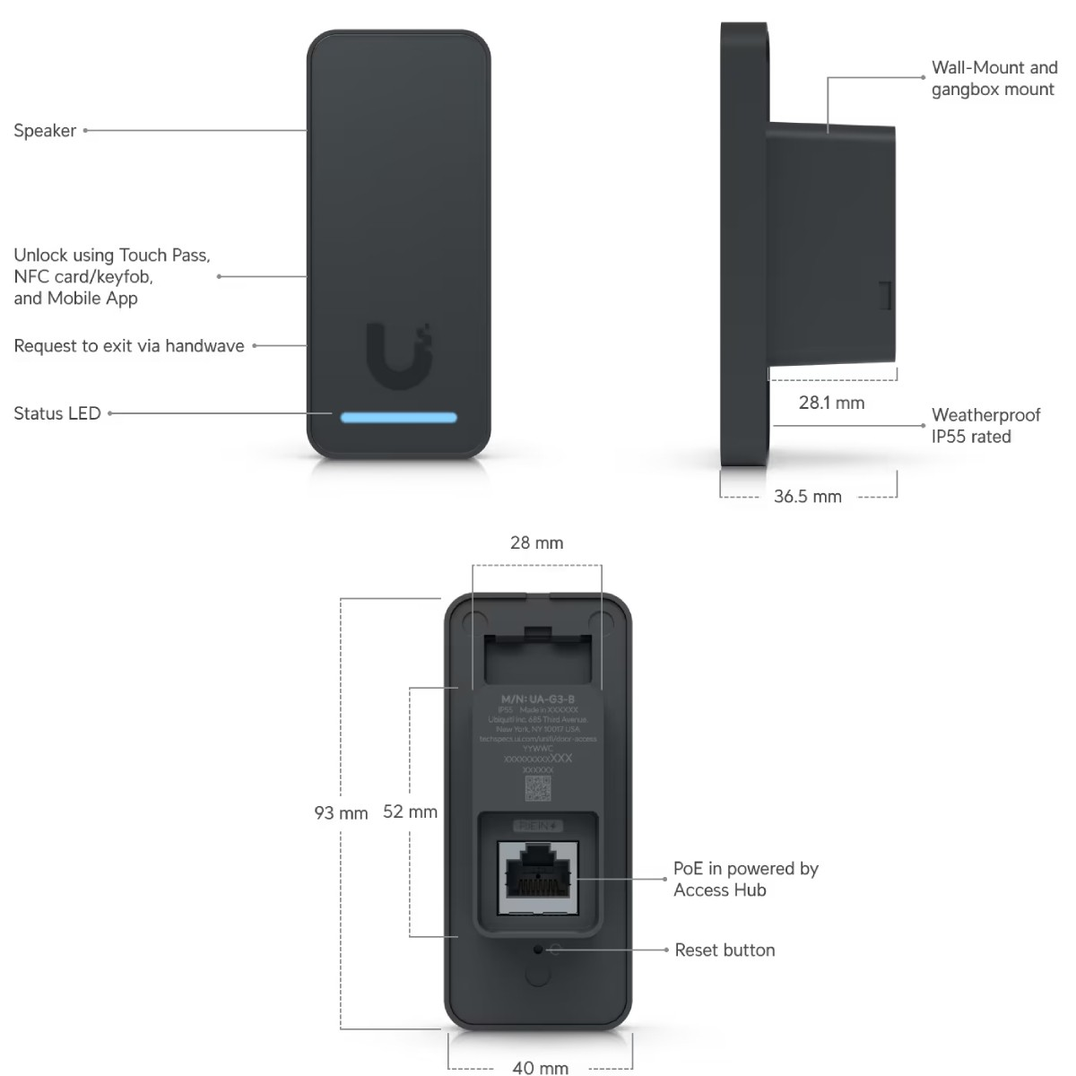 Un dispositivo di controllo accessi nero che mostra altoparlante, LED di stato e dimensioni.