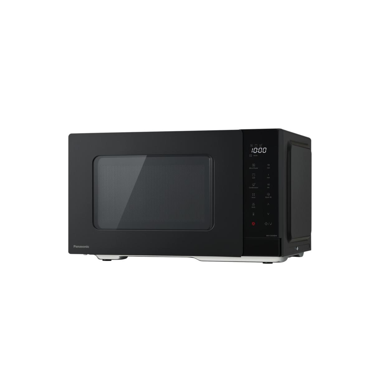 Horno microondas Panasonic negro con pantalla digital y panel de control.
