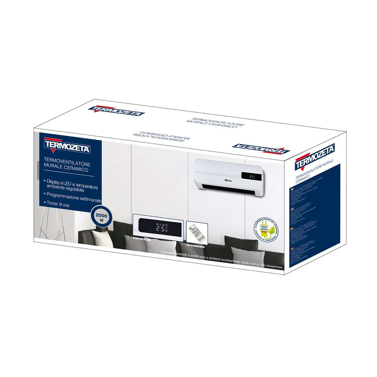 Confezione di un termoventilatore da parete in ceramica bianco con telecomando e display LED.
