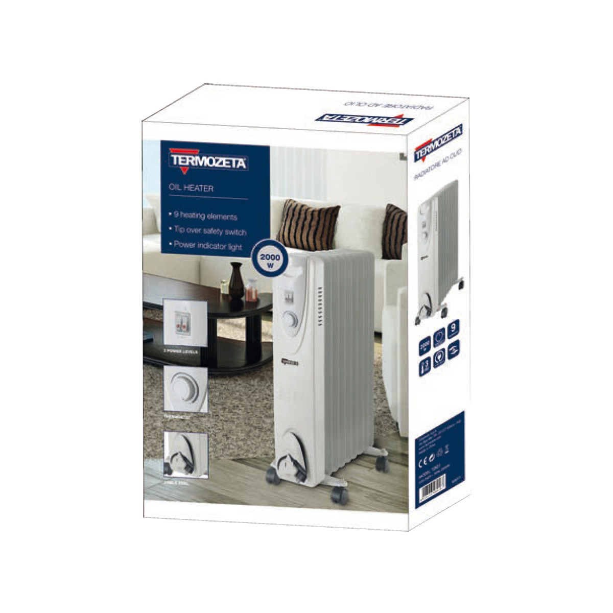 Confezione di un radiatore a olio bianco con livelli di riscaldamento e sicurezza.
