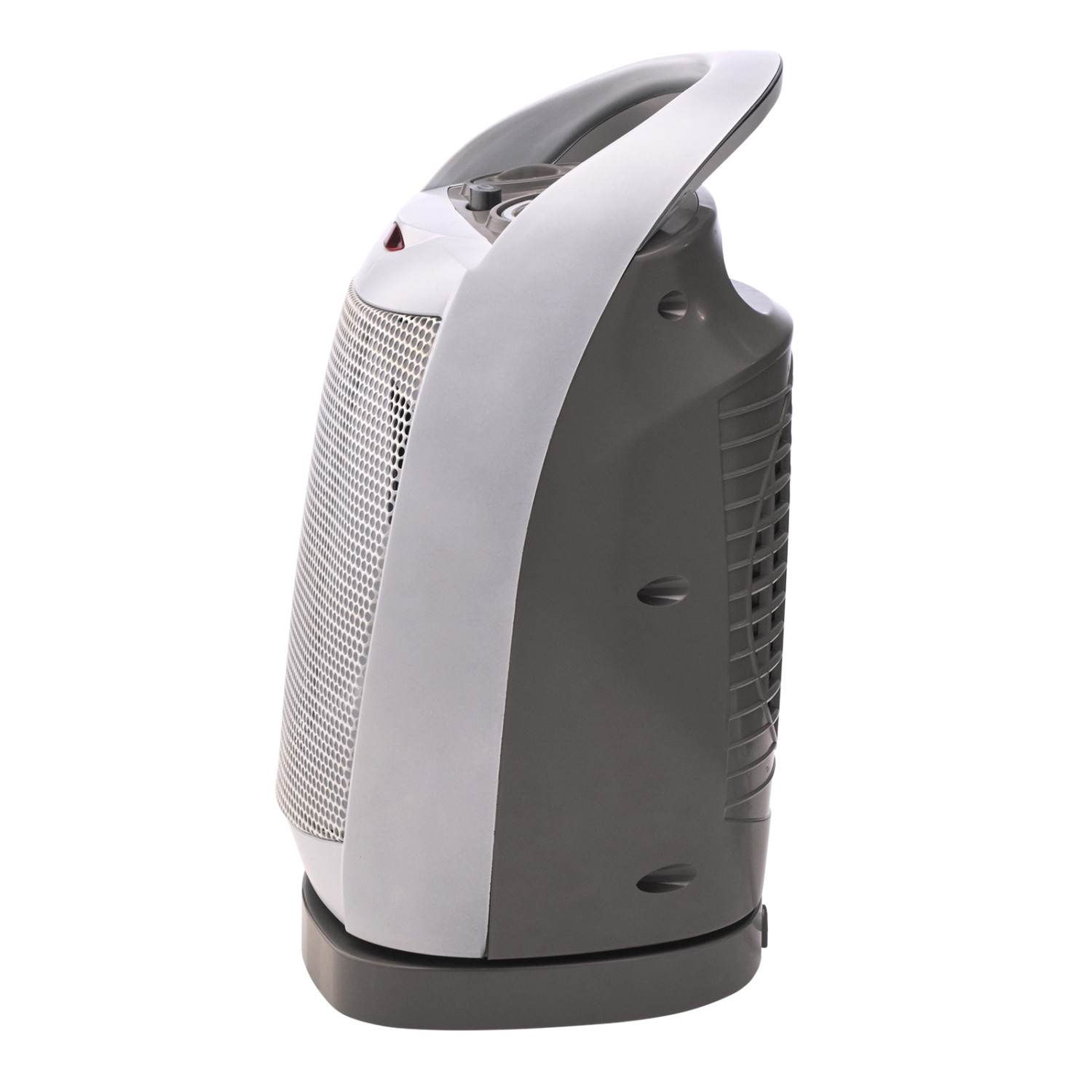 Un ventilatore portatile grigio e bianco con manico e fessure di ventilazione.