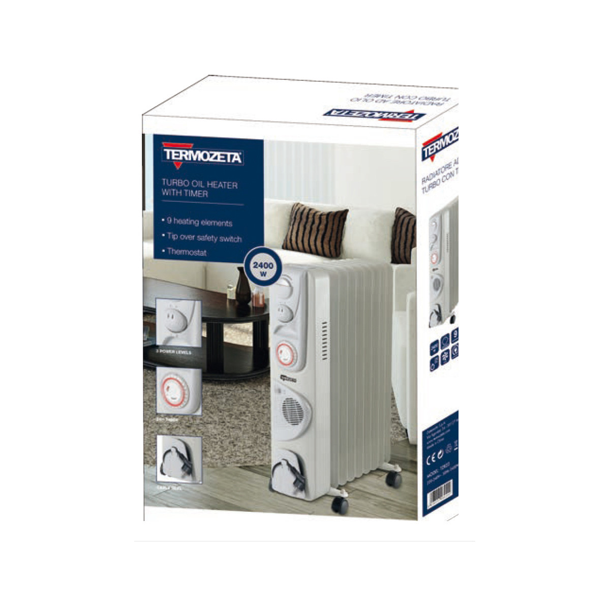Un radiatore a olio bianco con 9 elementi riscaldanti e 2400W di potenza su tappeto.