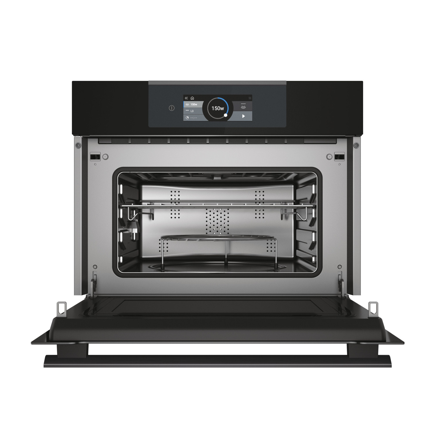 Horno moderno abierto con pantalla digital y una rejilla dentro.