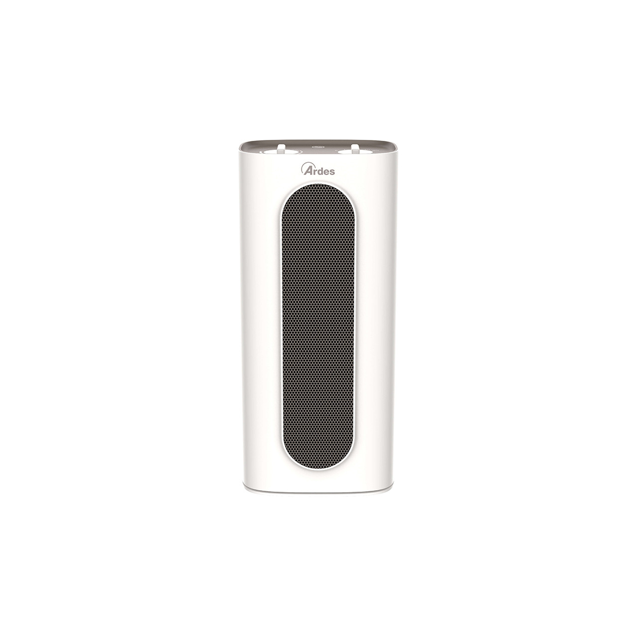Een witte torenventilator met een zwart rooster en Ardes logo.