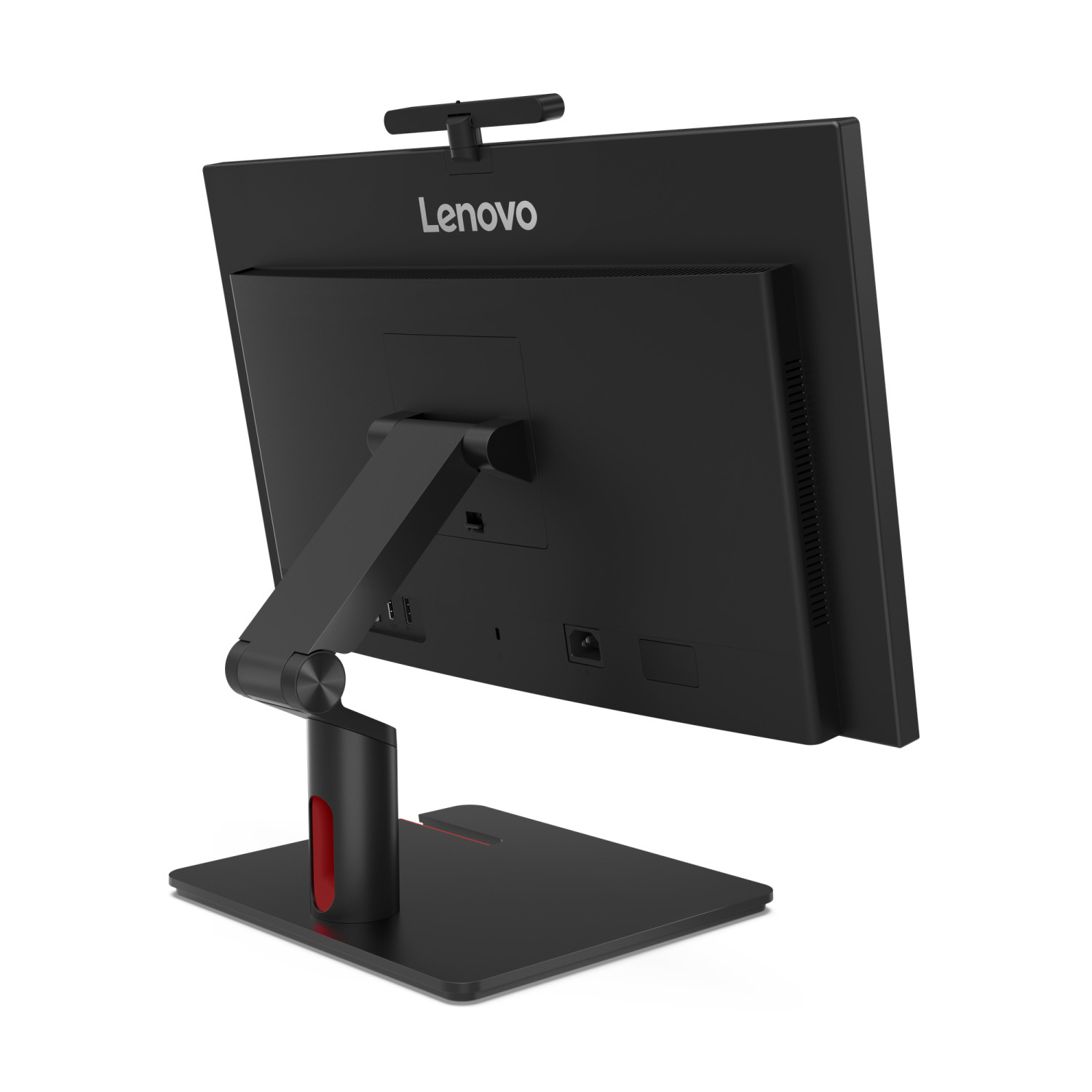Vista posteriore di un computer all-in-one Lenovo nero con supporto regolabile e accenti rossi.