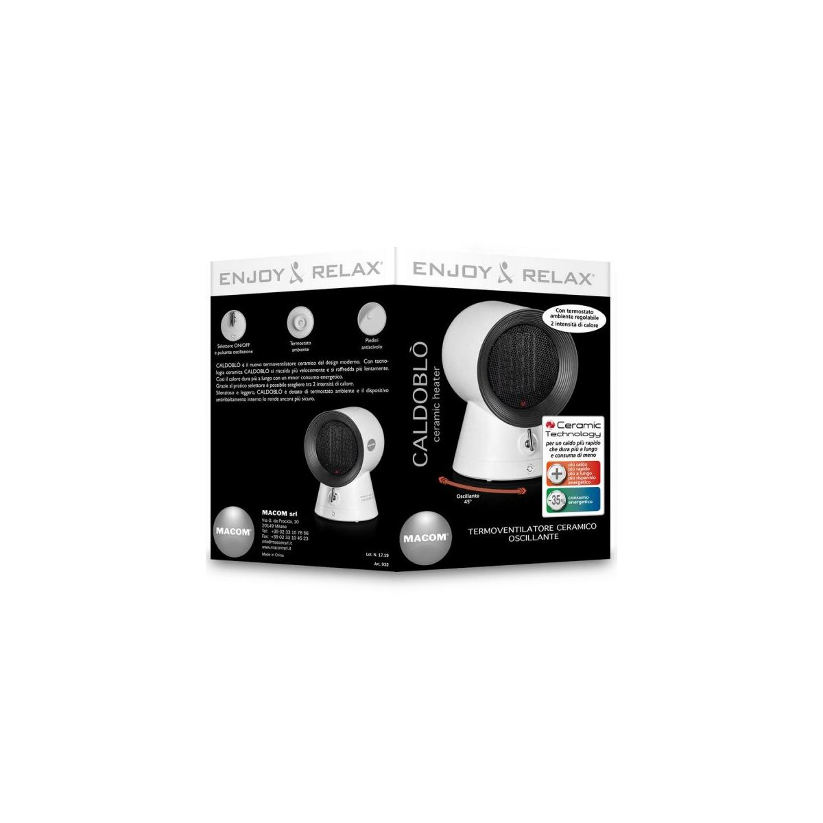 Un termoventilatore ceramico bianco con oscillazione e logo "Enjoy & Relax".