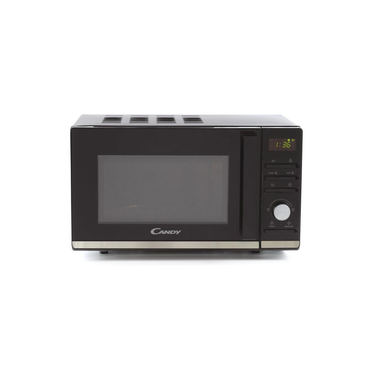 Forno a microonde nero con finiture argento e display digitale 8:36.