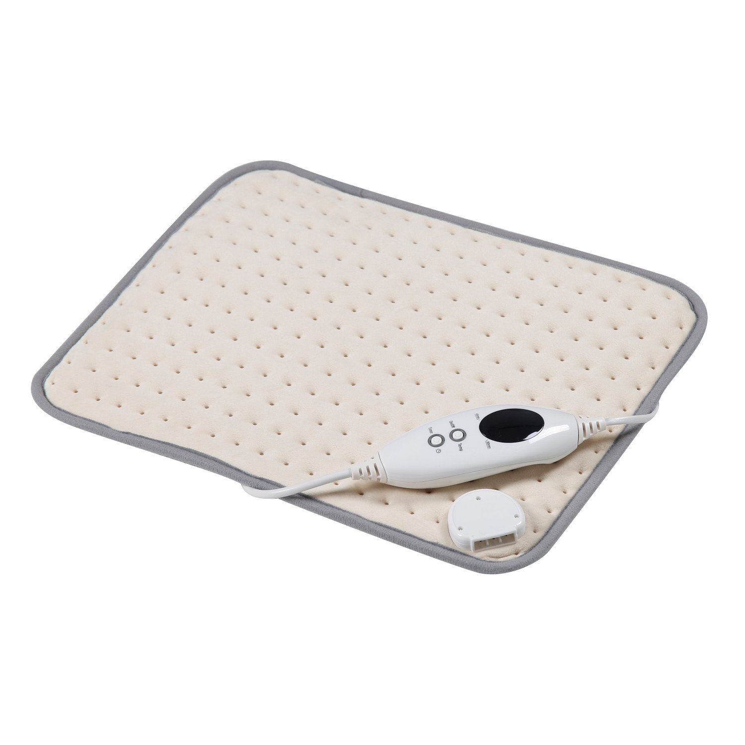 Un tappetino riscaldante elettrico beige con bordo grigio e controller bianco.
