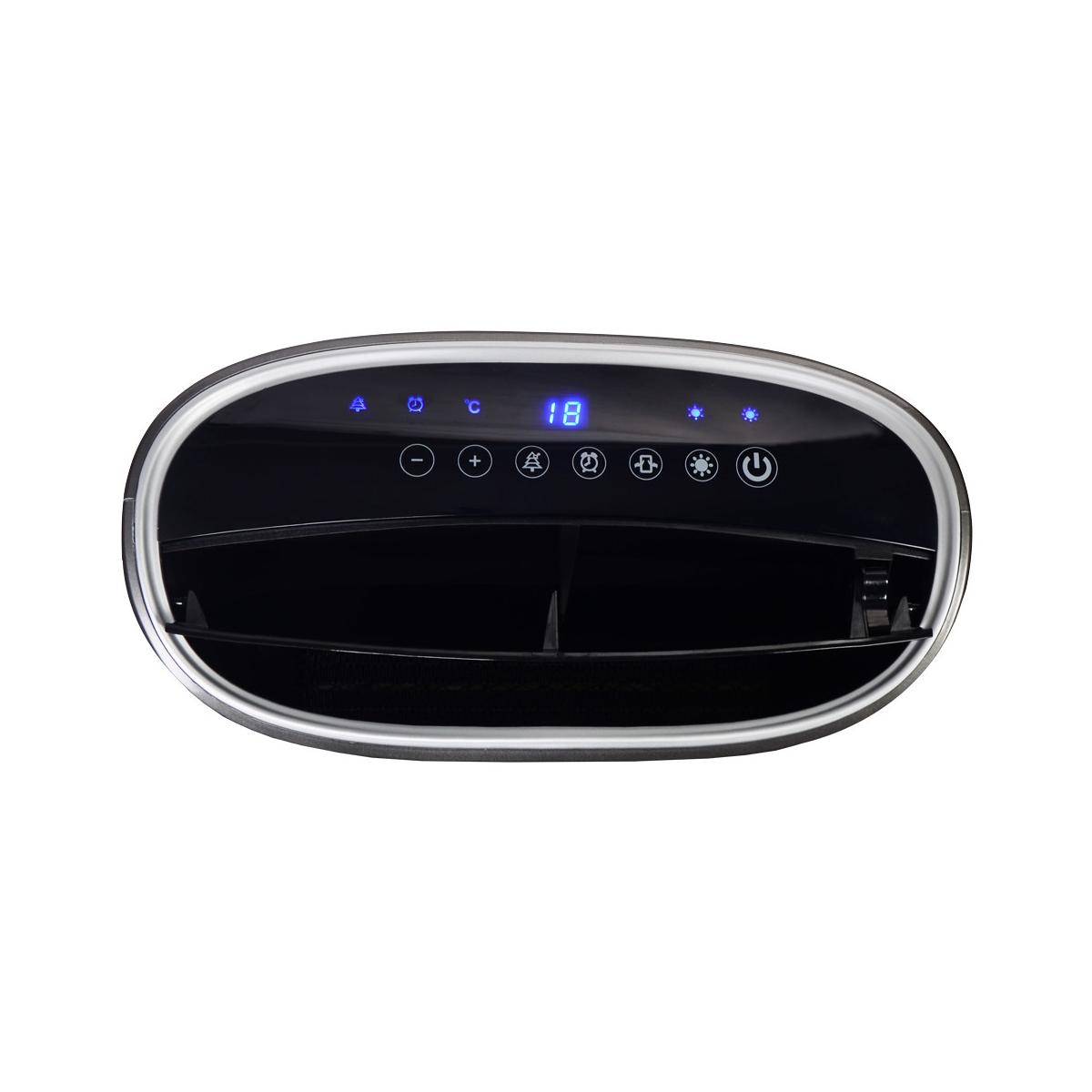 Zwart bedieningspaneel van een draagbare airconditioner met blauwe digitale displays en knoppen.