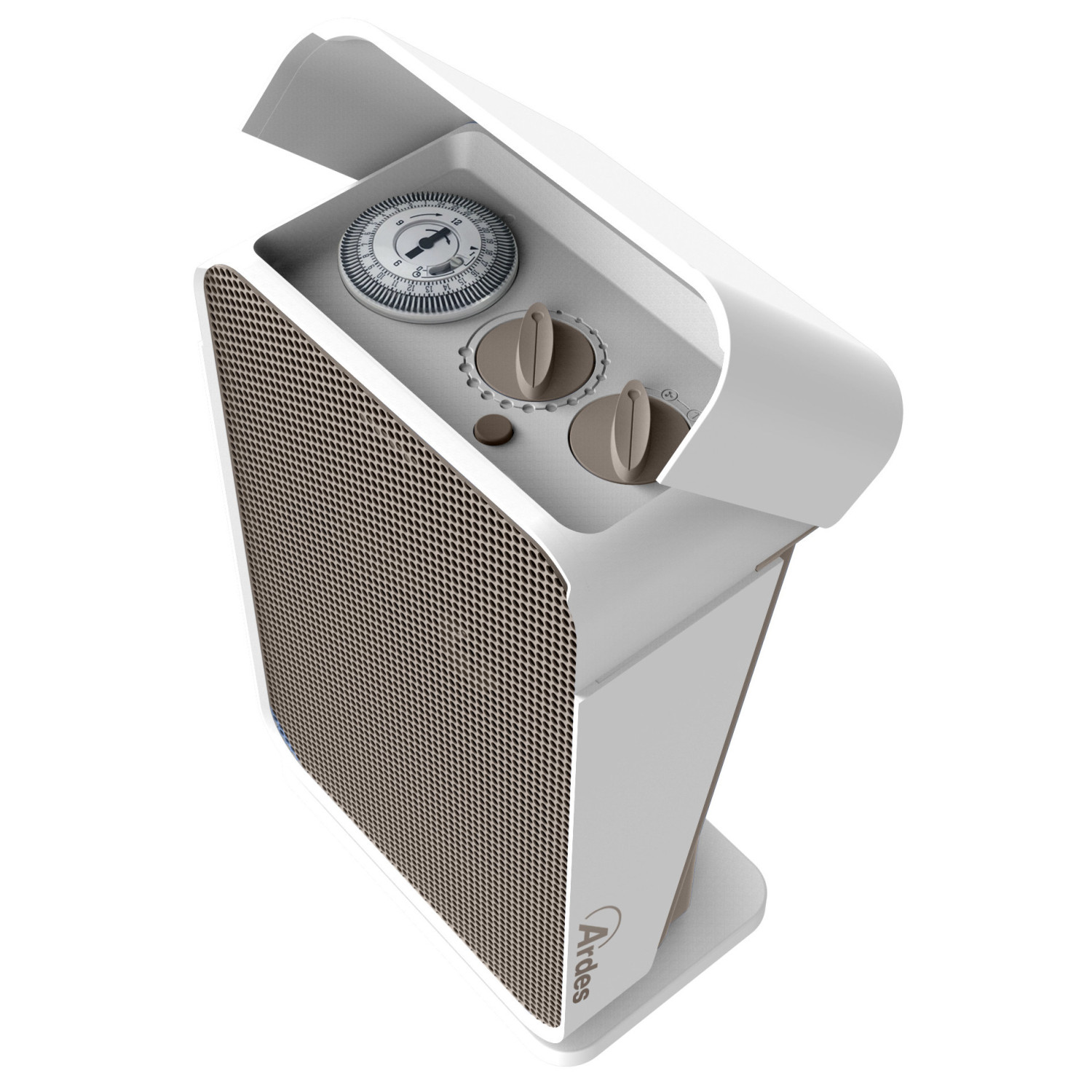 Un termoventilatore bianco con griglia marrone e manopole.
