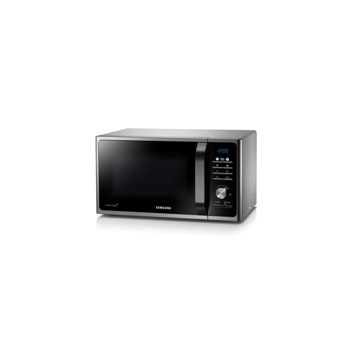 Un forno a microonde Samsung argentato con porta nera e display digitale.