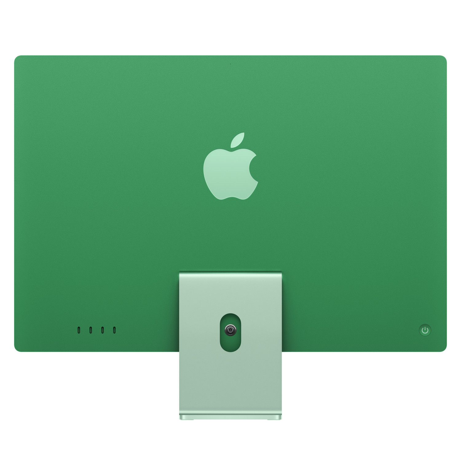 iMac verde con logo Apple e supporto, porte e simbolo di accensione sul lato.