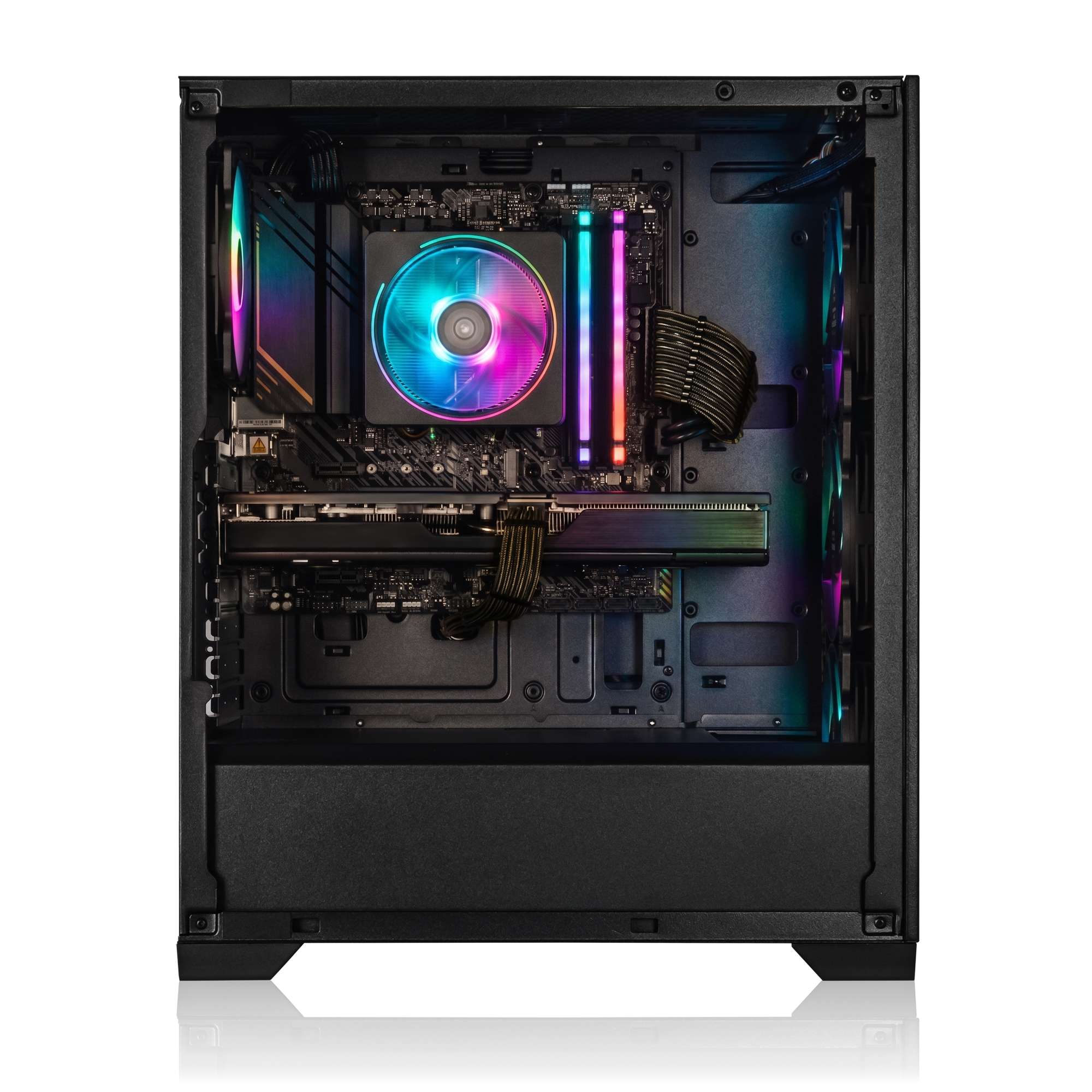 Innenansicht eines schwarzen Computergehäuses mit bunter RGB-Beleuchtung an Lüftern und RAM.