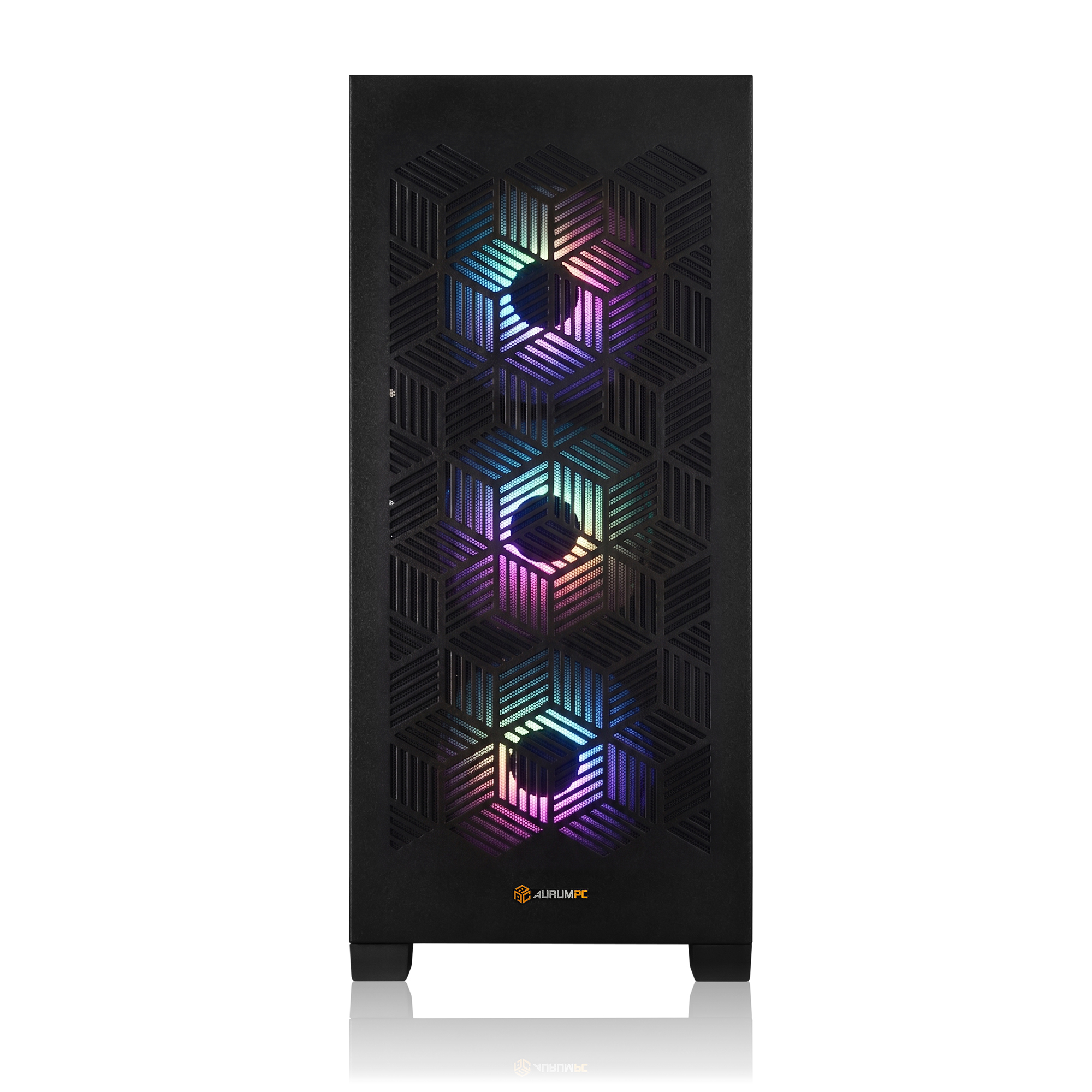 Schwarzes PC-Gehäuse mit geometrischem Muster und RGB-Lüftern.