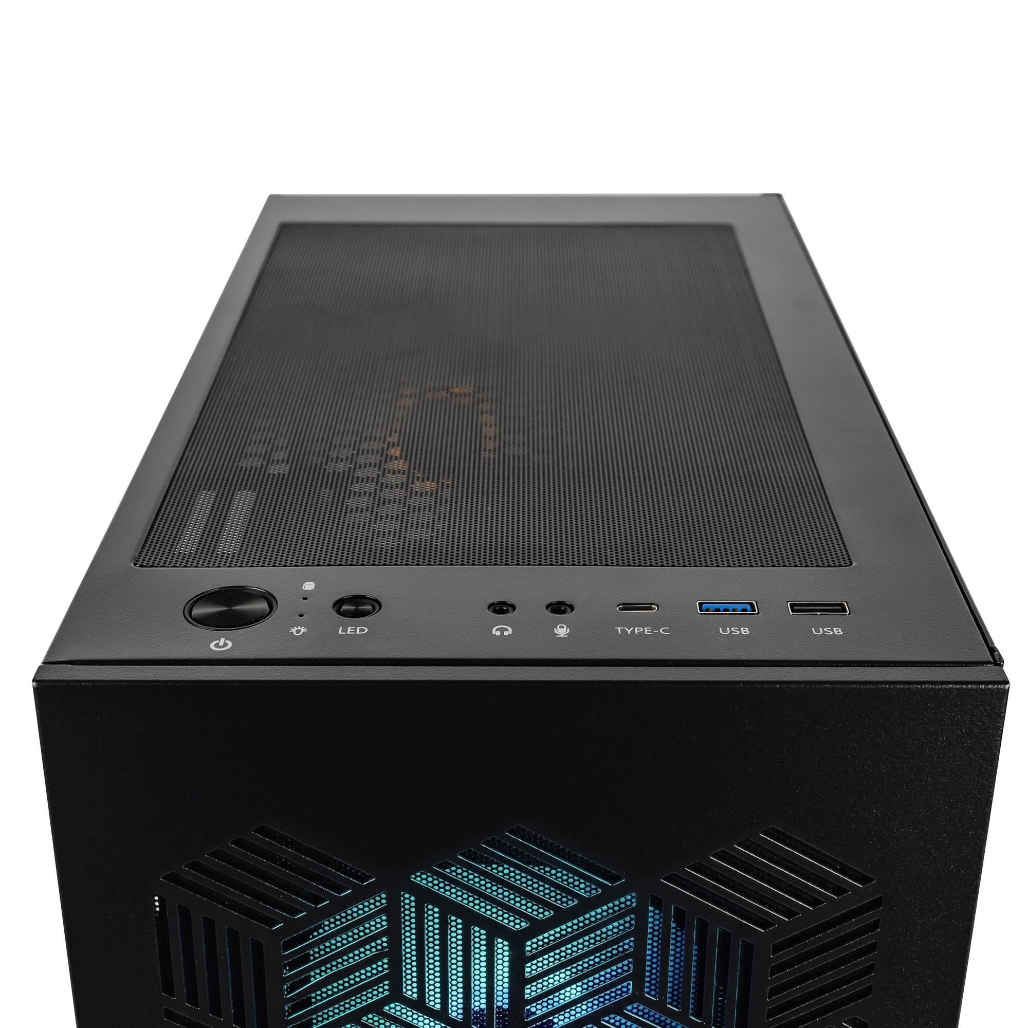 Case PC nero con pulsante di accensione, LED, jack audio e porte USB.