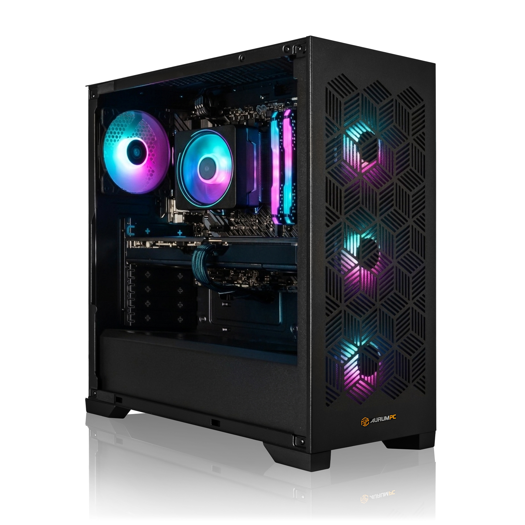 Ein schwarzer PC-Gehäuse mit RGB-Lüftern und beleuchteten Komponenten.