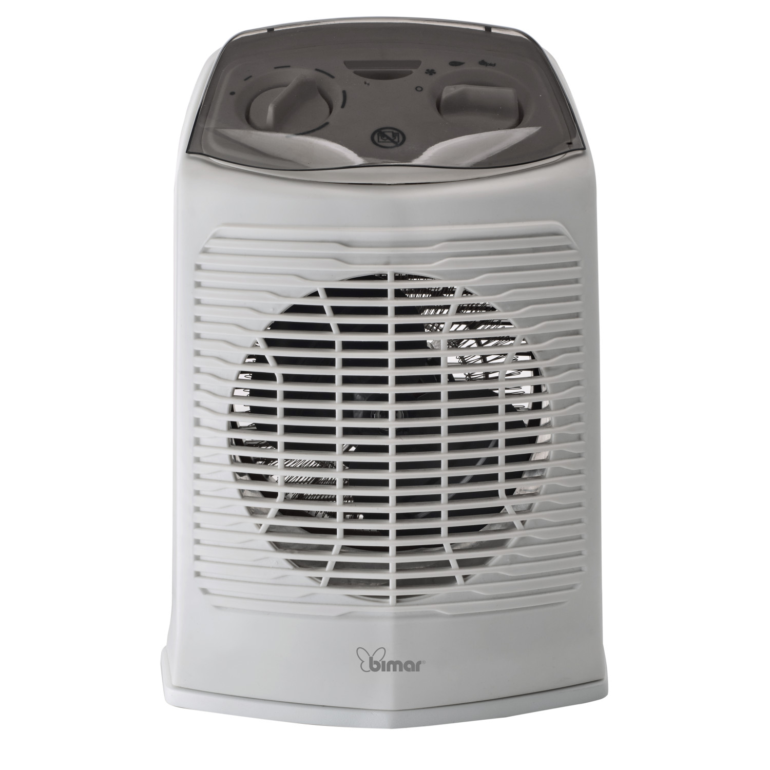 Ventilatore a torre bianco con prese d'aria frontali e comandi superiori.