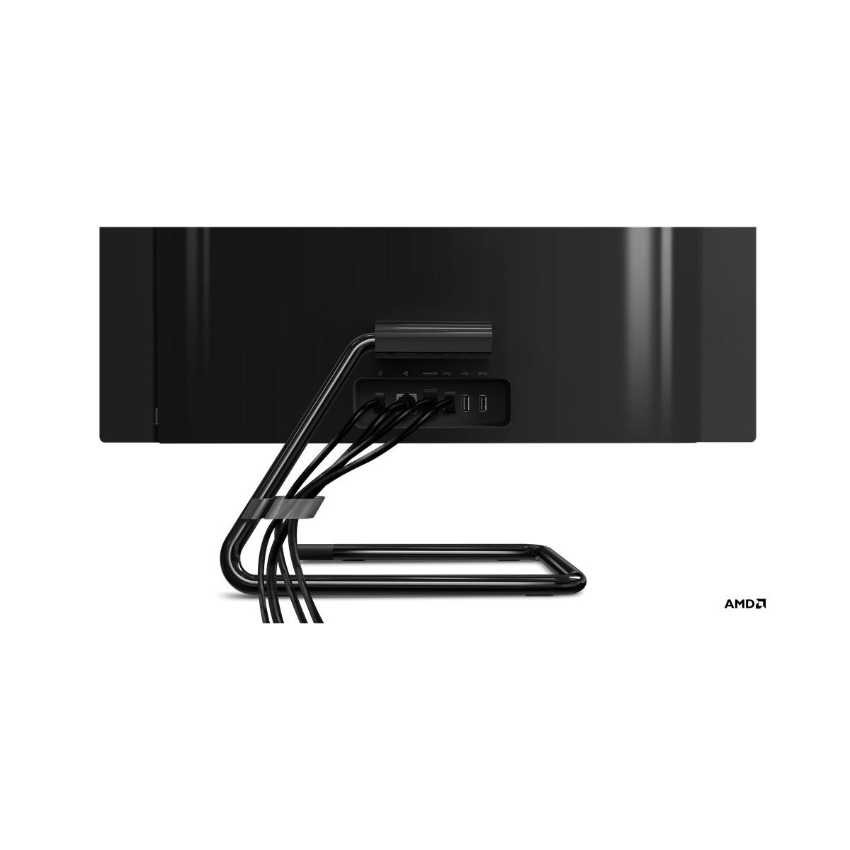 Retro di un computer all-in-one nero con cavi e porte visibili.