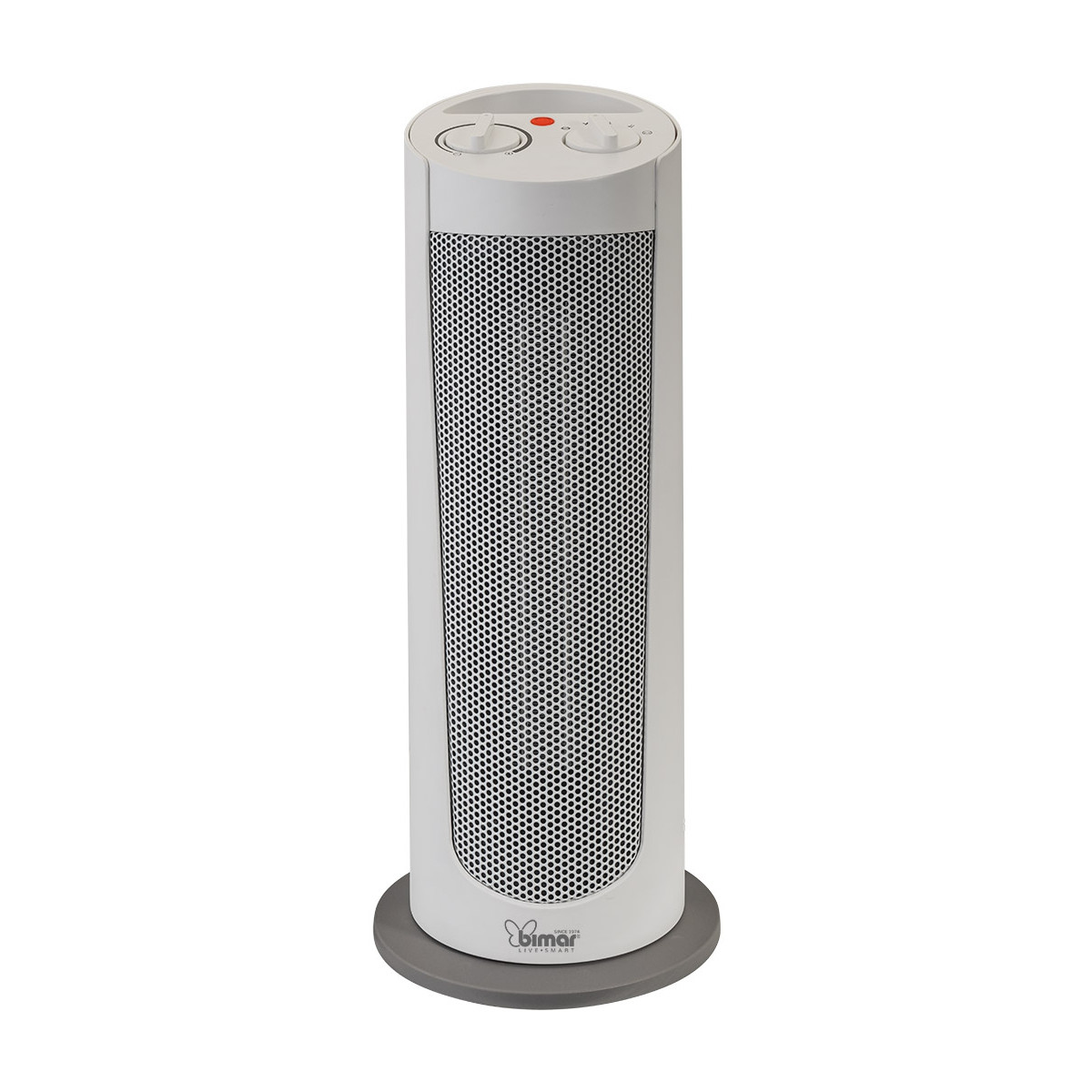 Un ventilatore a torre bianco con base grigia e fessure di ventilazione nere.
