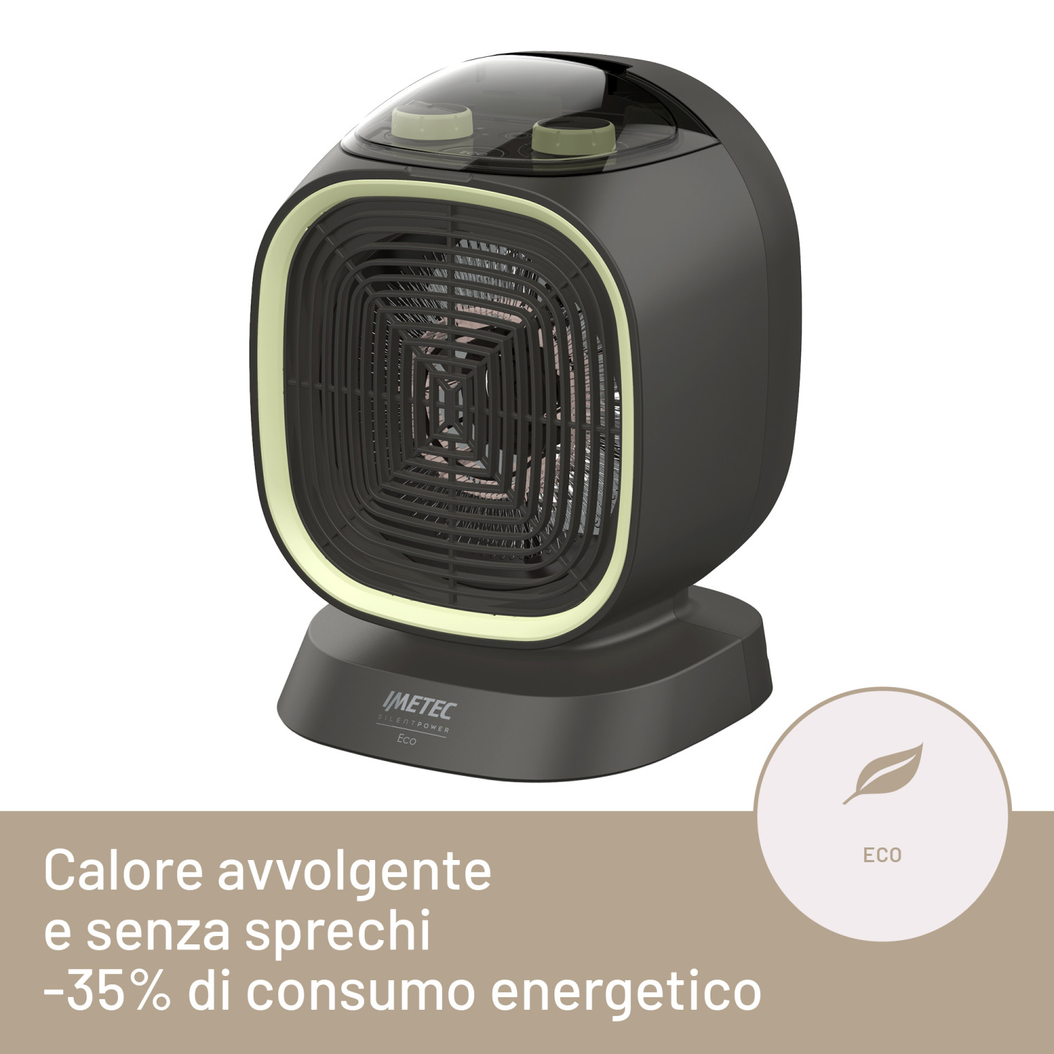 Een donkere, ronde ventilatorkachel met gele rand en bedieningselementen boven.