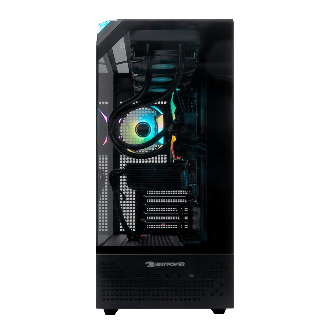 Un PC negro con ventiladores RGB y refrigeración líquida, vista lateral.