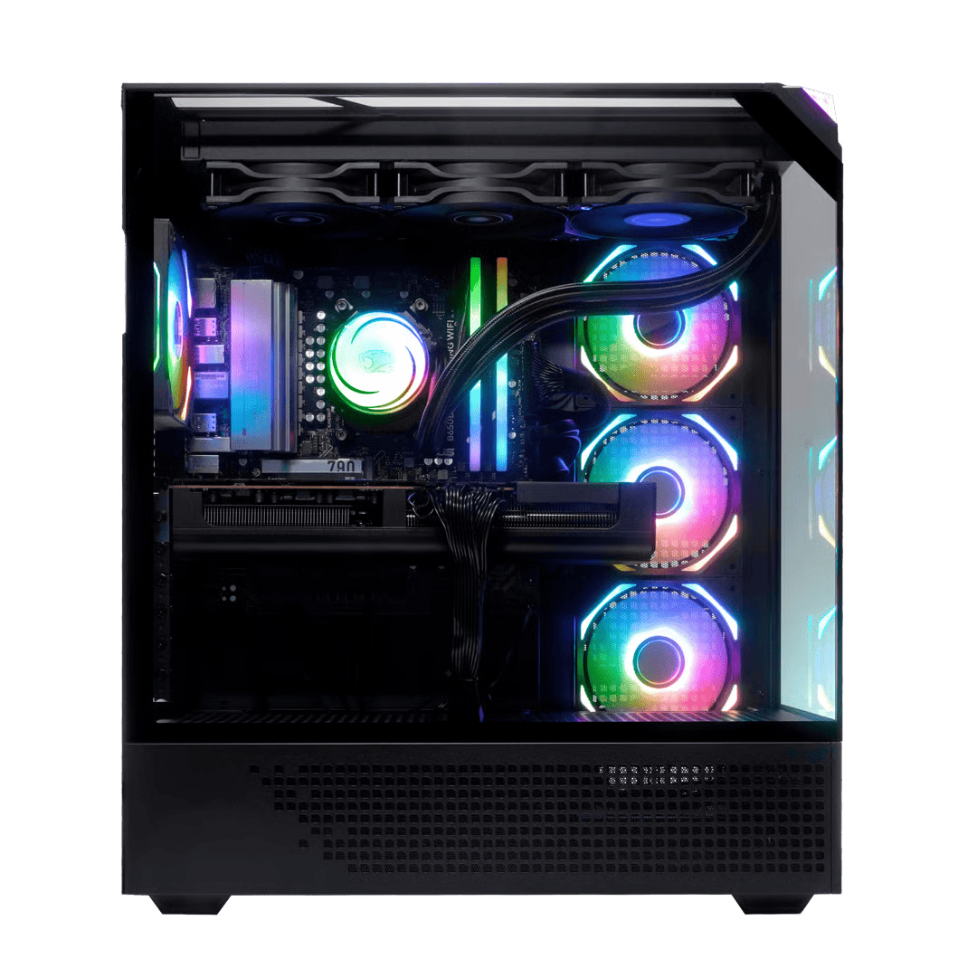 Una caja de PC con ventiladores y componentes iluminados.