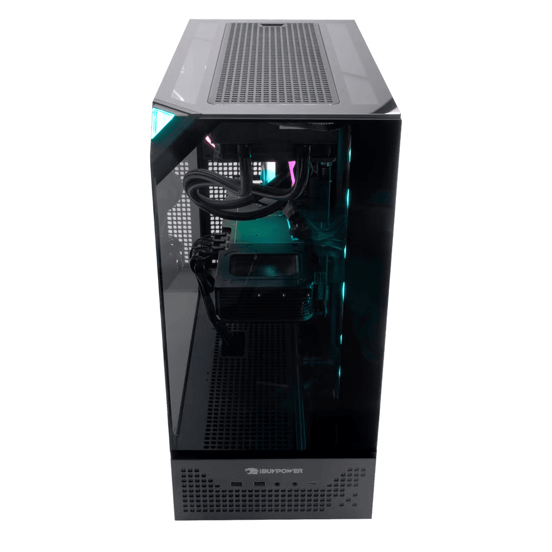 Una torre de computadora moderna con iluminación RGB y panel lateral de vidrio.