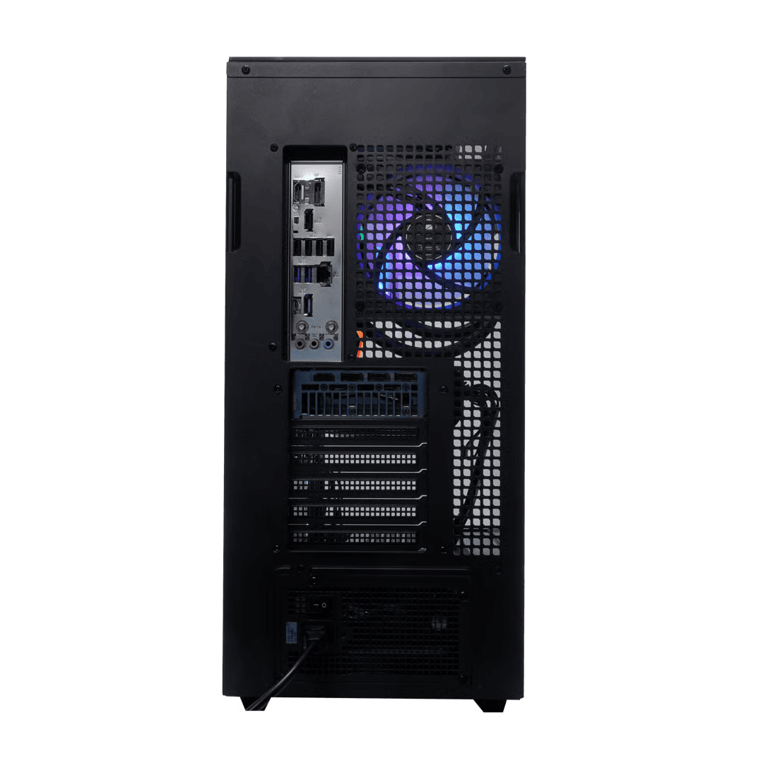 Parte trasera de una caja de PC negra con ventilador iluminado.