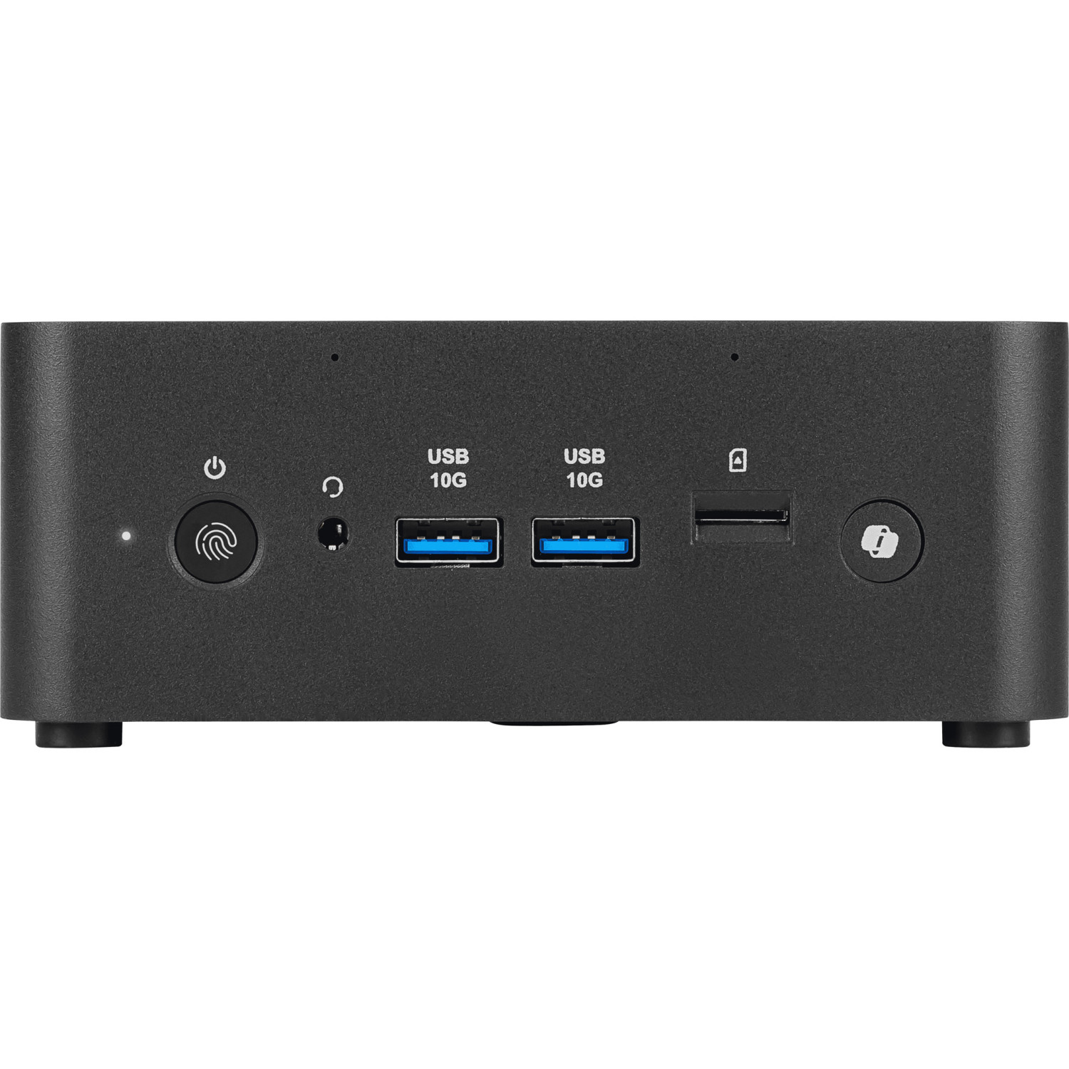 Schwarzer Mini-PC mit Frontanschlüssen: Power, Kopfhörer, 2x USB 10G, HDMI und Info-Taste.