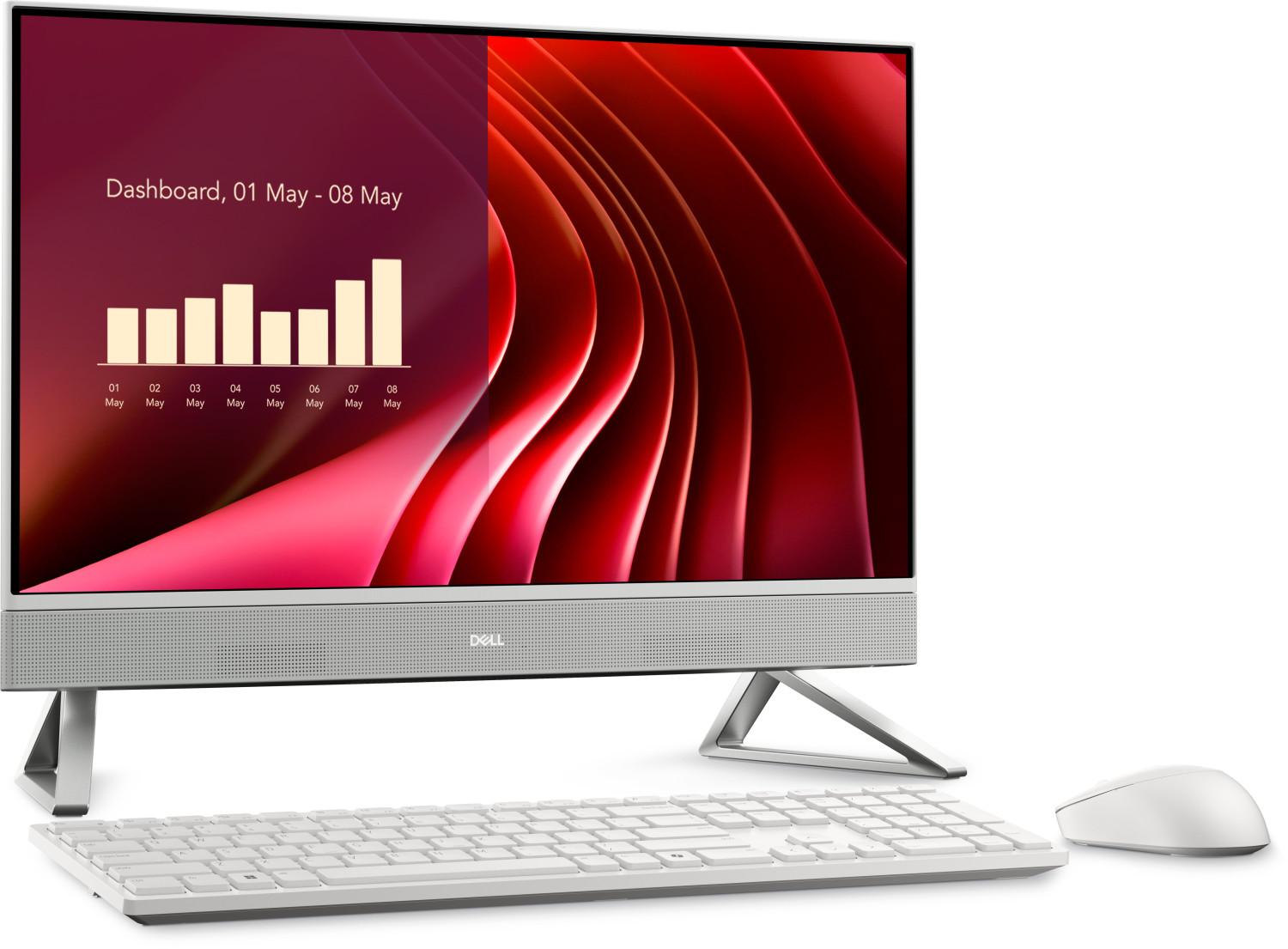 Un computer bianco All-in-One Dell con tastiera e mouse. Lo schermo mostra un grafico.