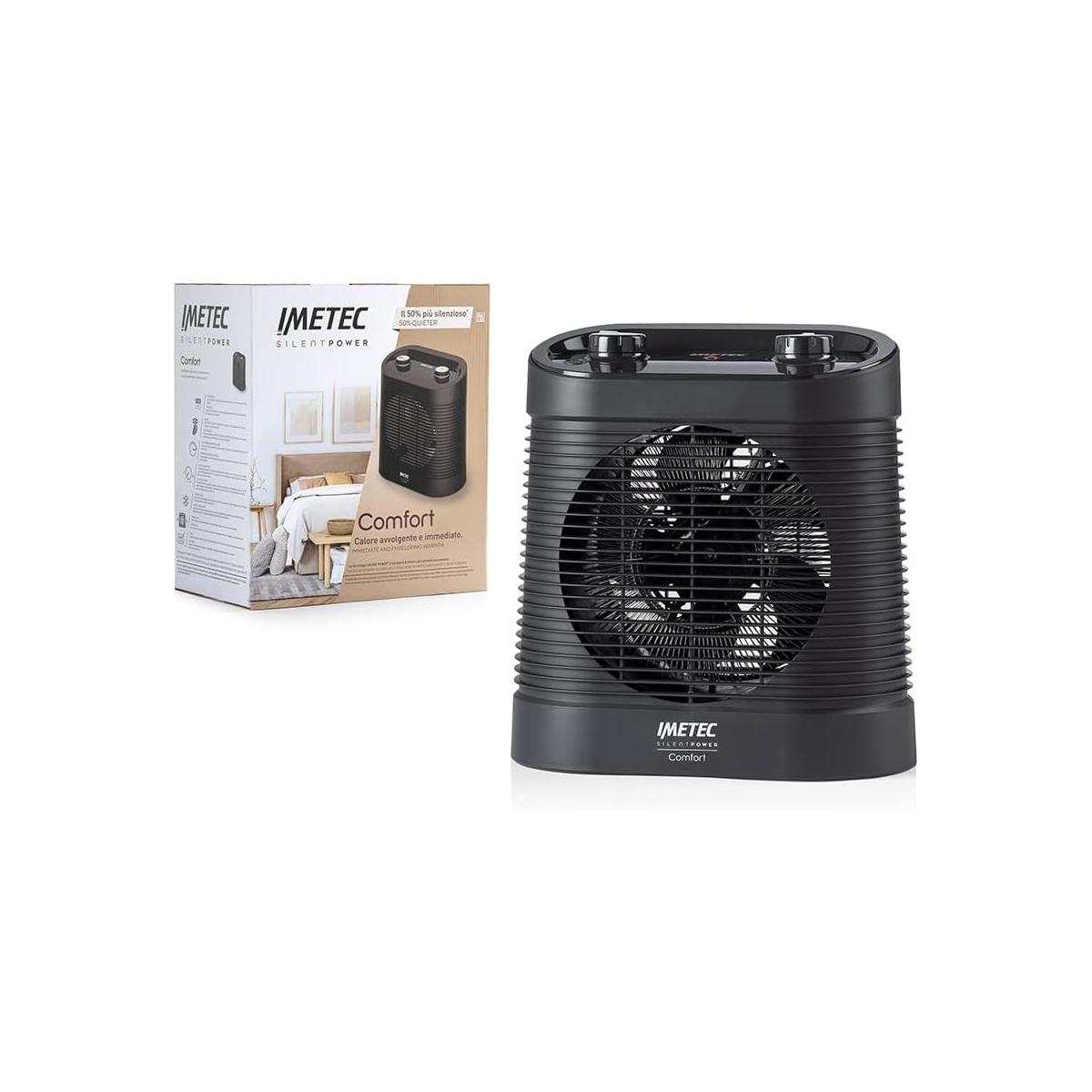 Zwarte ventilatorkachel met ventilator en verpakking. De doos toont een slaapkamer.