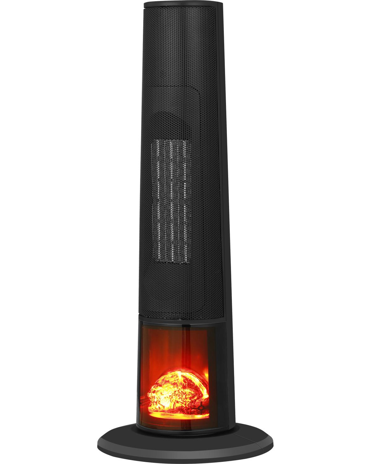 Riscaldatore a torre nero con effetto camino luminoso alla base.