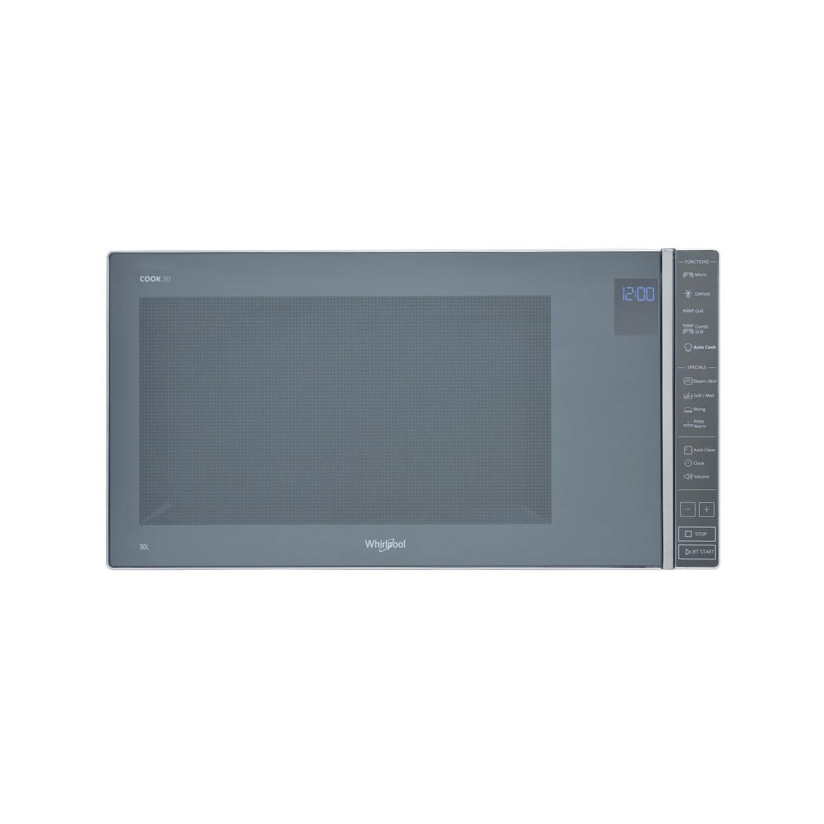 Een grijze Whirlpool magnetron met een digitaal display waarop 12:00 staat en bedieningsknoppen.