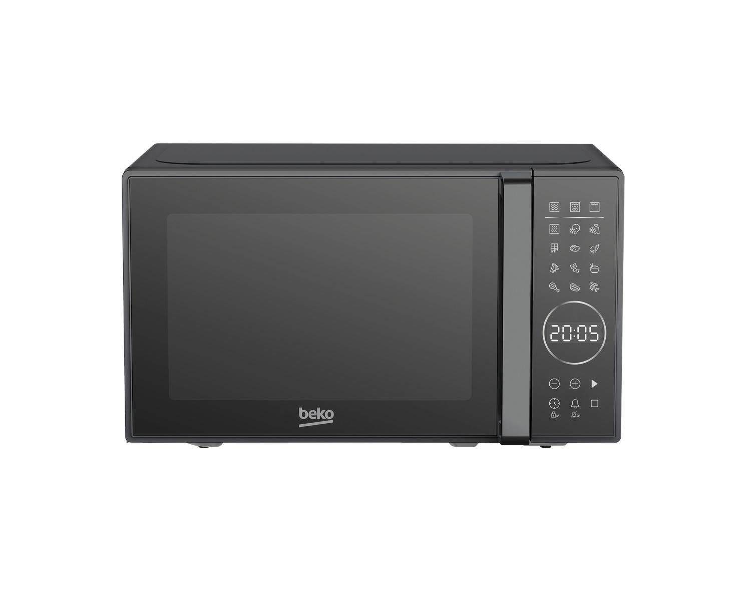 Un microondas Beko negro con pantalla digital e iconos.