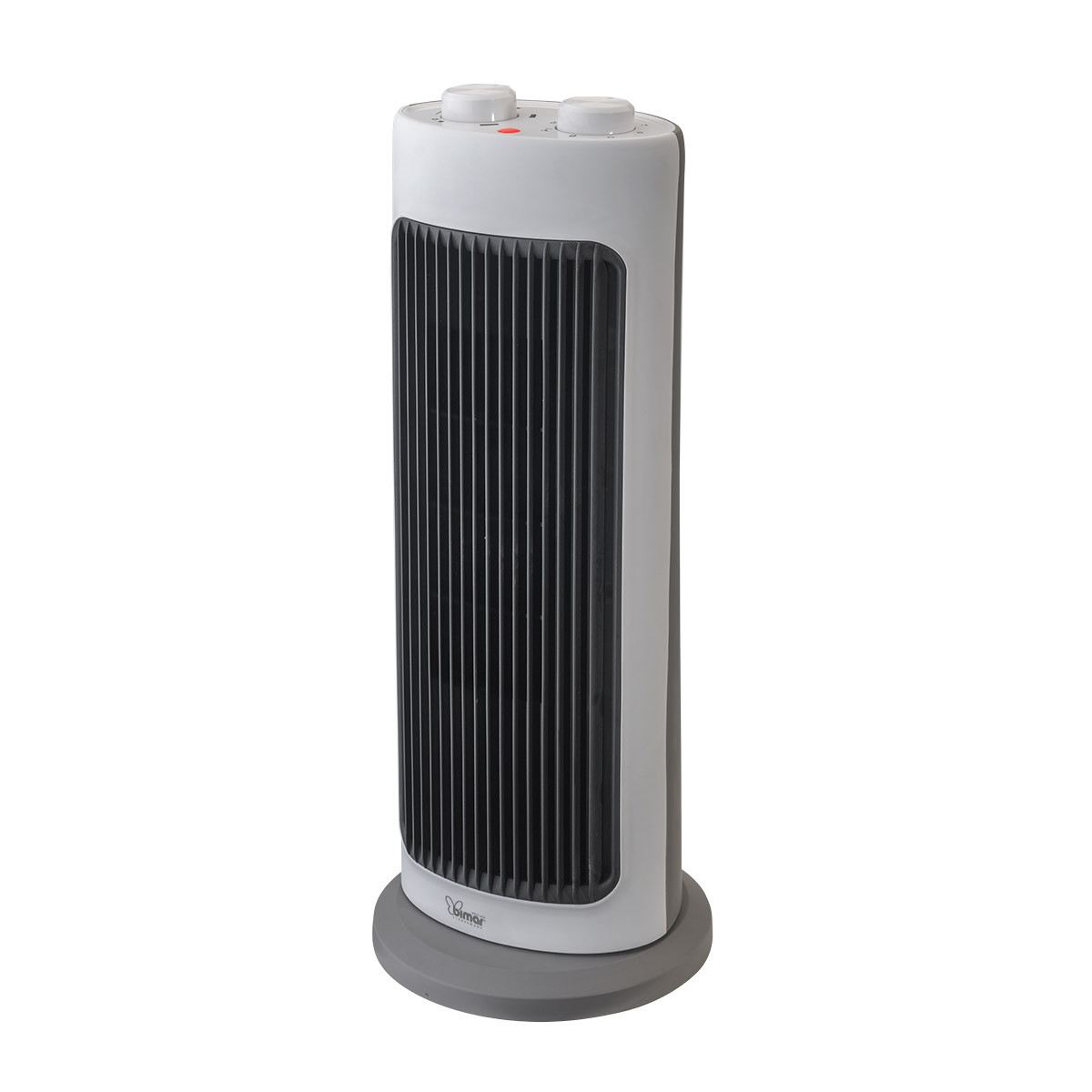 Un ventilatore a torre bianco con base grigia e prese d'aria nere su sfondo bianco.