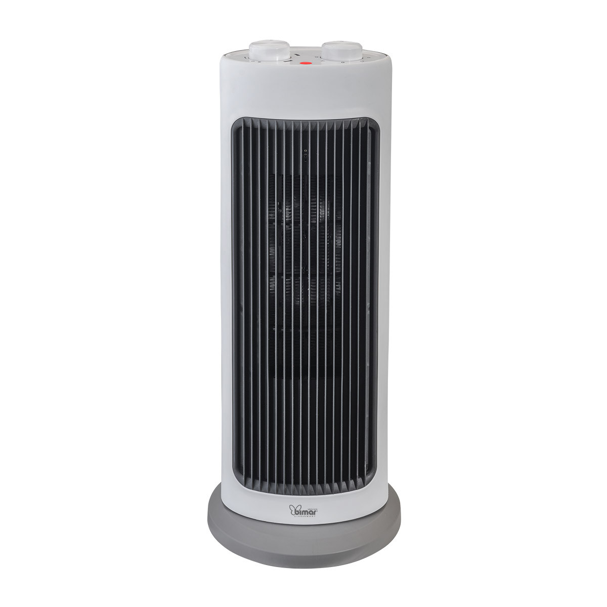 Un termoventilatore bianco con griglia nera e base grigia.