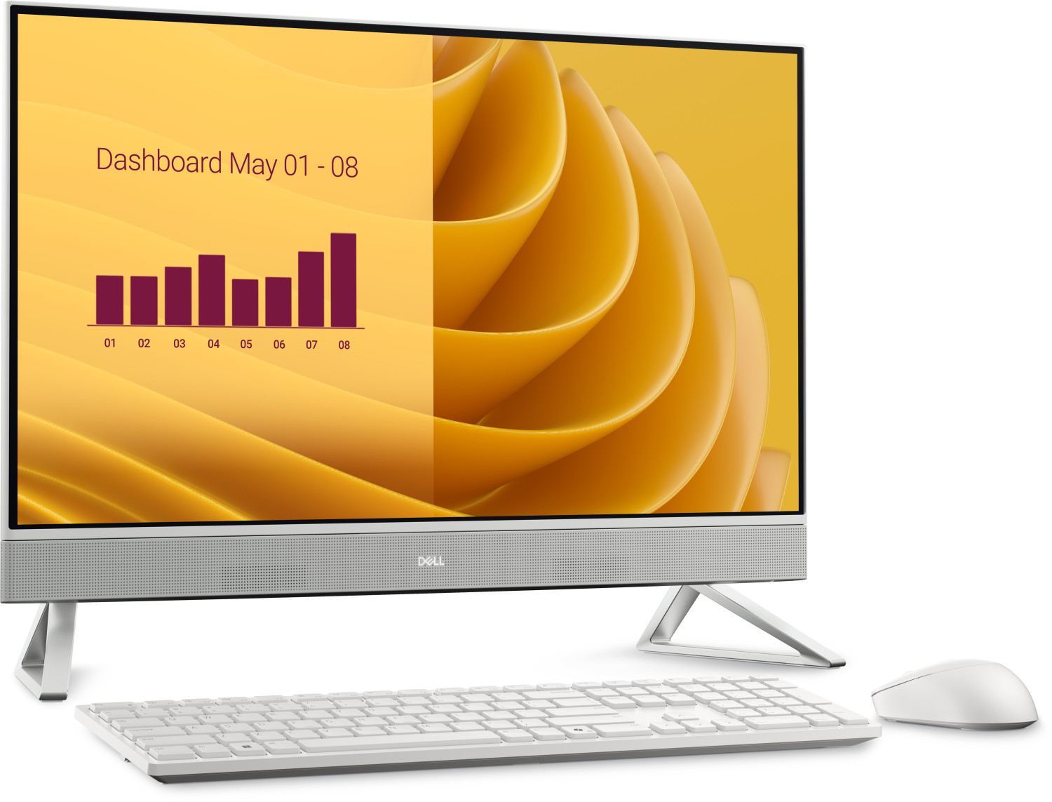 Un PC All-in-One Dell con grafico, tastiera e mouse.