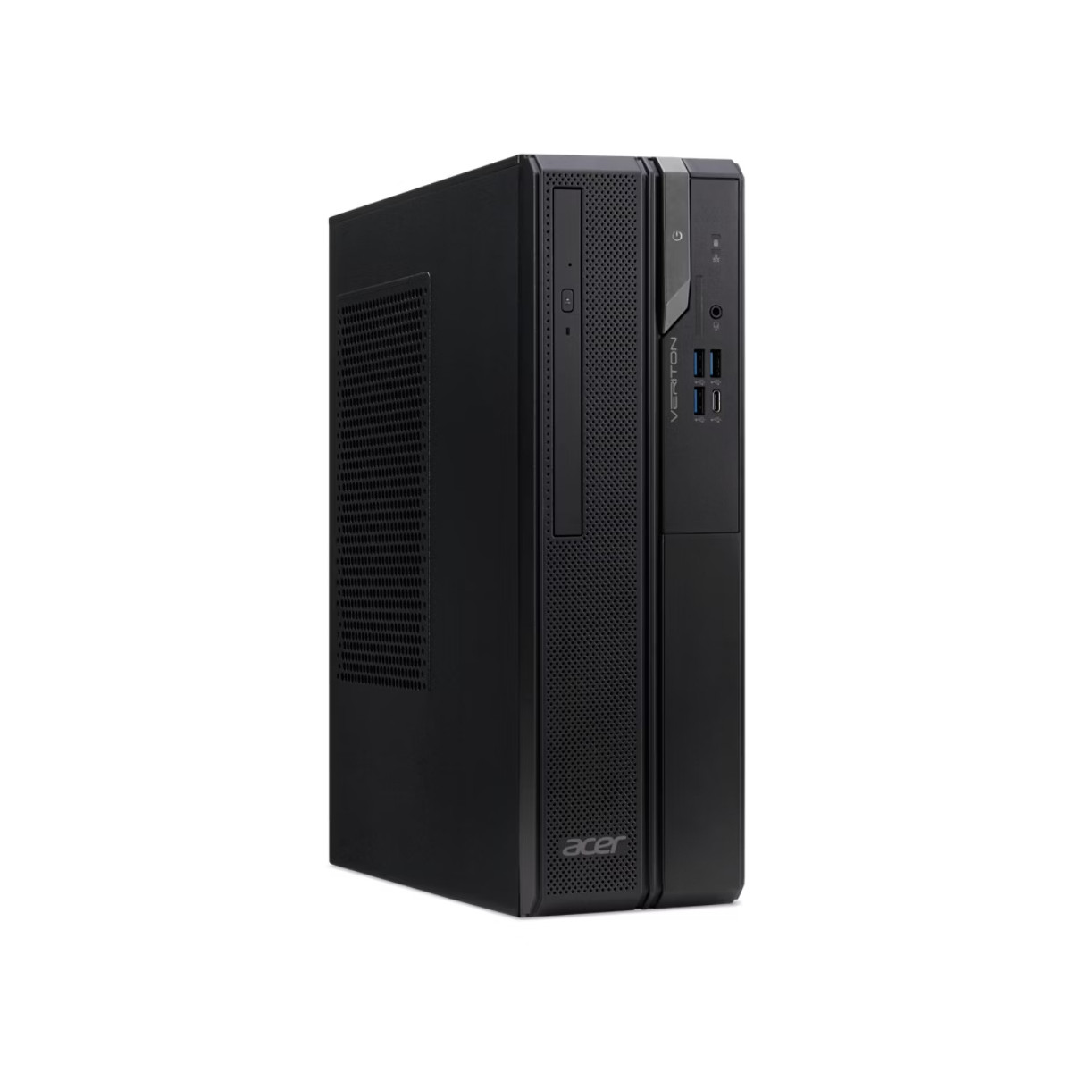 Un case desktop Acer Veriton nero con unità ottica e porte USB.
