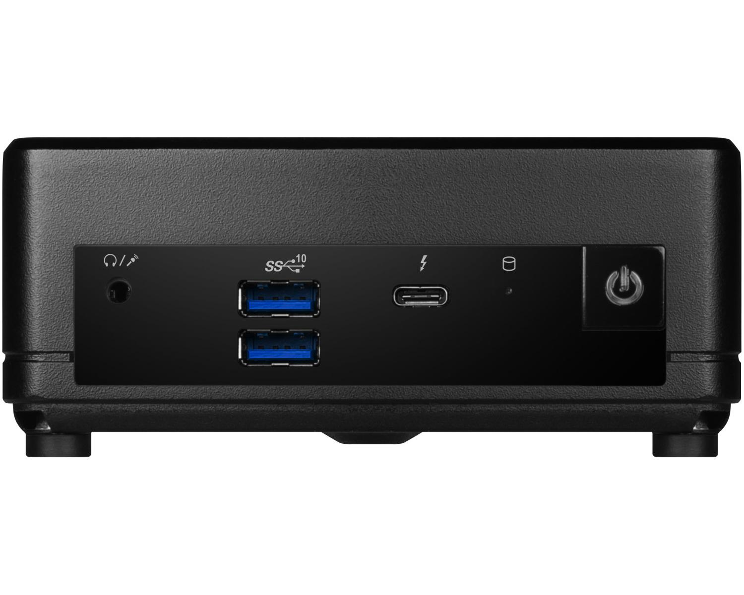Pannello frontale mini PC nero: jack cuffie, porte USB-A, USB-C e pulsante di accensione.