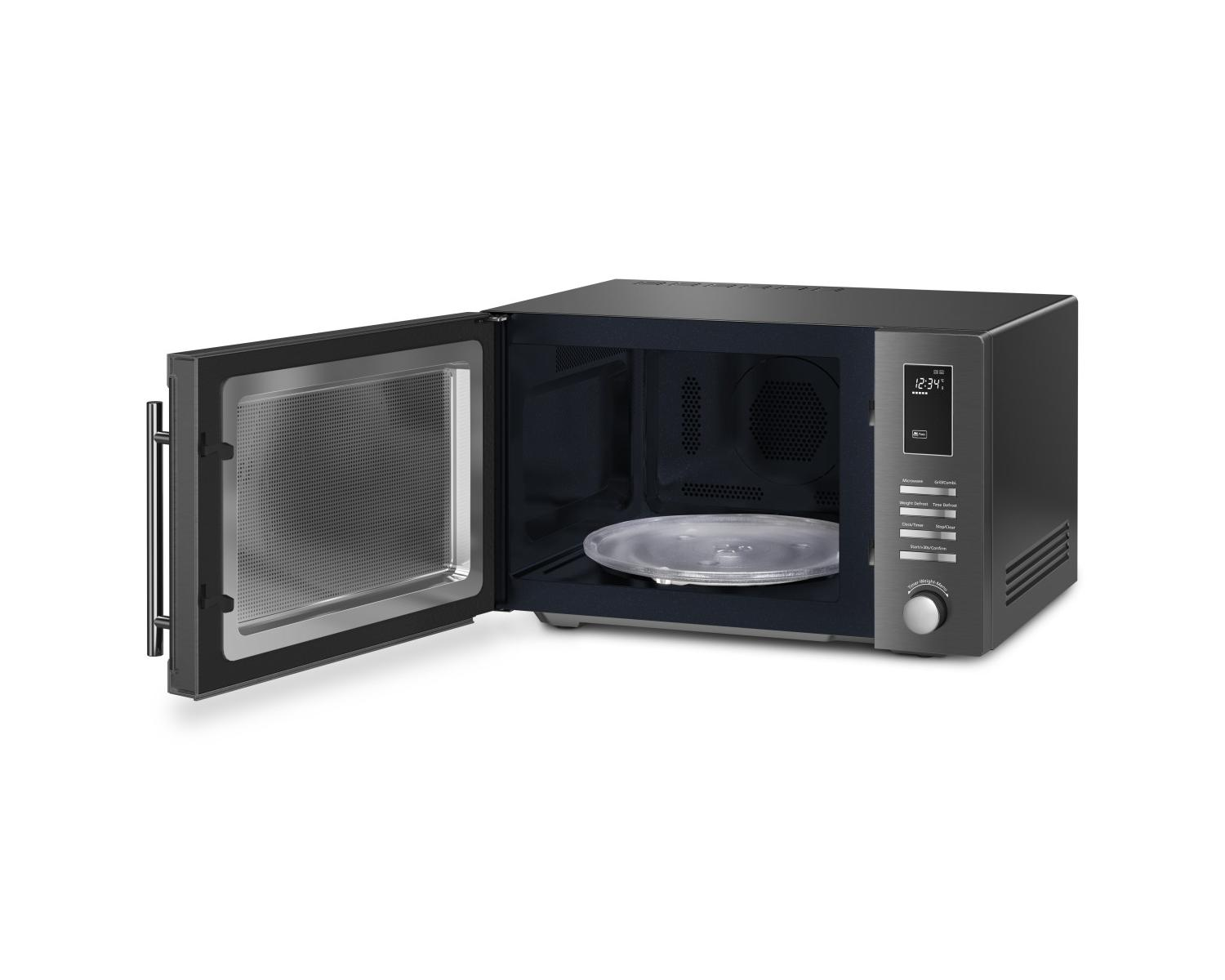 Microonde grigio scuro con porta aperta, piatto girevole e display digitale.