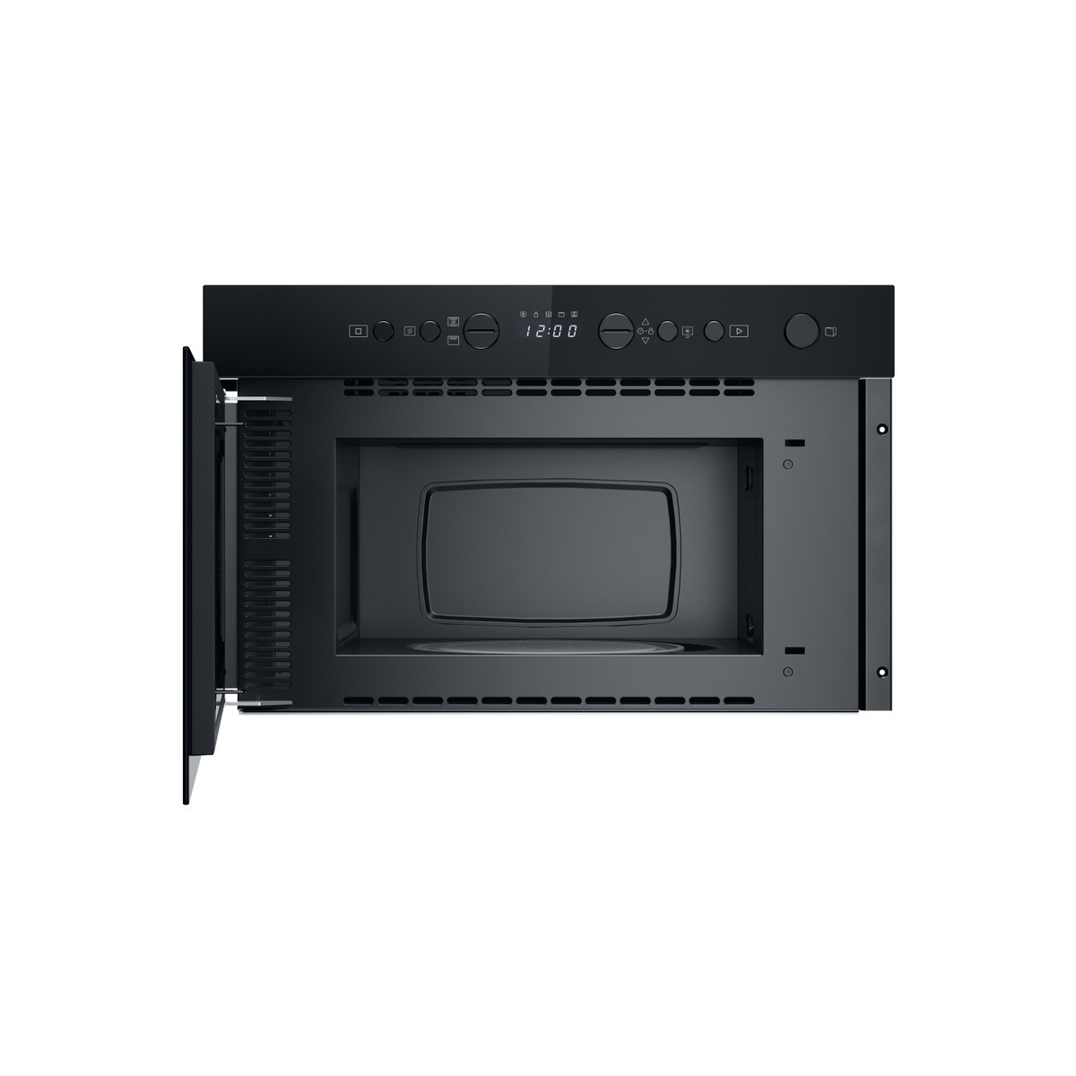 Un microonde da incasso nero con porta aperta e display digitale.