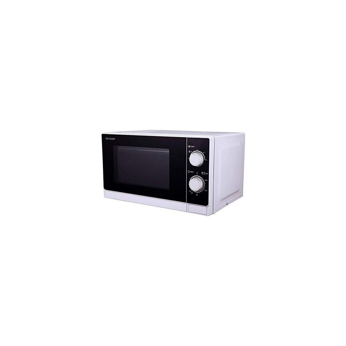 Un forno a microonde Sharp bianco con porta nera e due manopole.