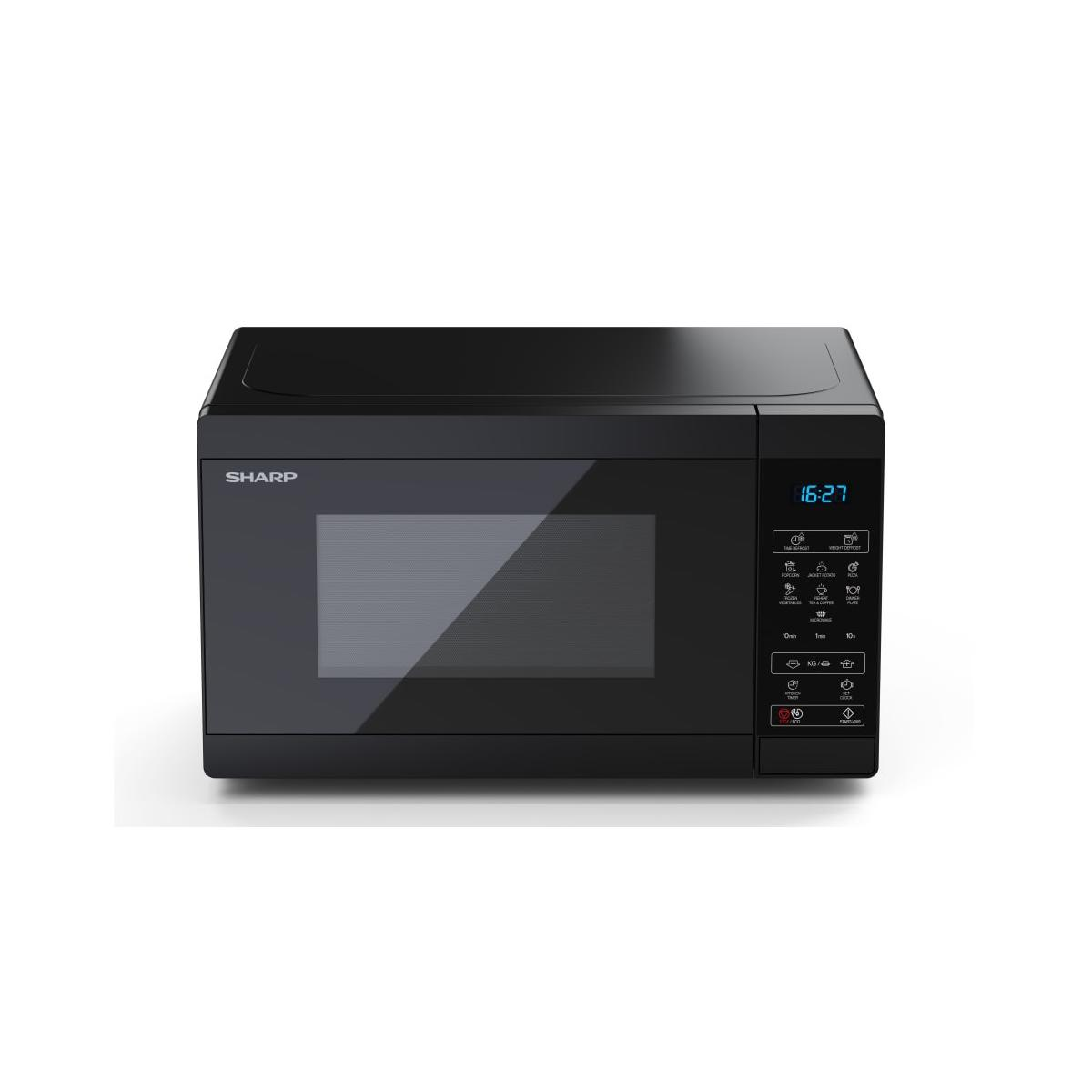 Un microondas Sharp negro con pantalla digital que muestra 16:27.