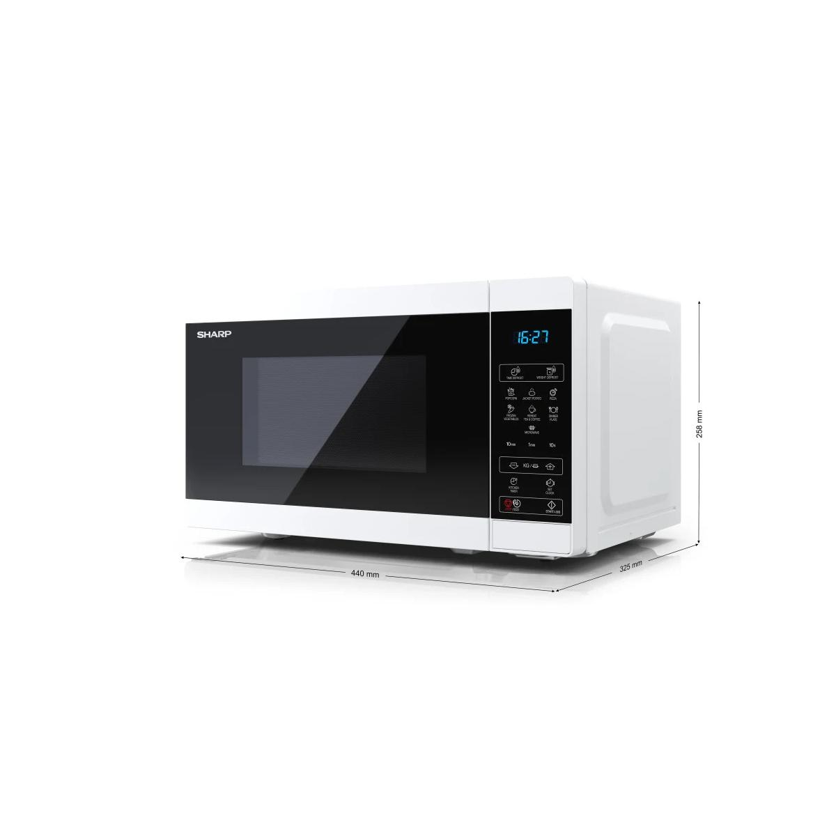 Een witte Sharp magnetron met zwarte deur en digitaal display.