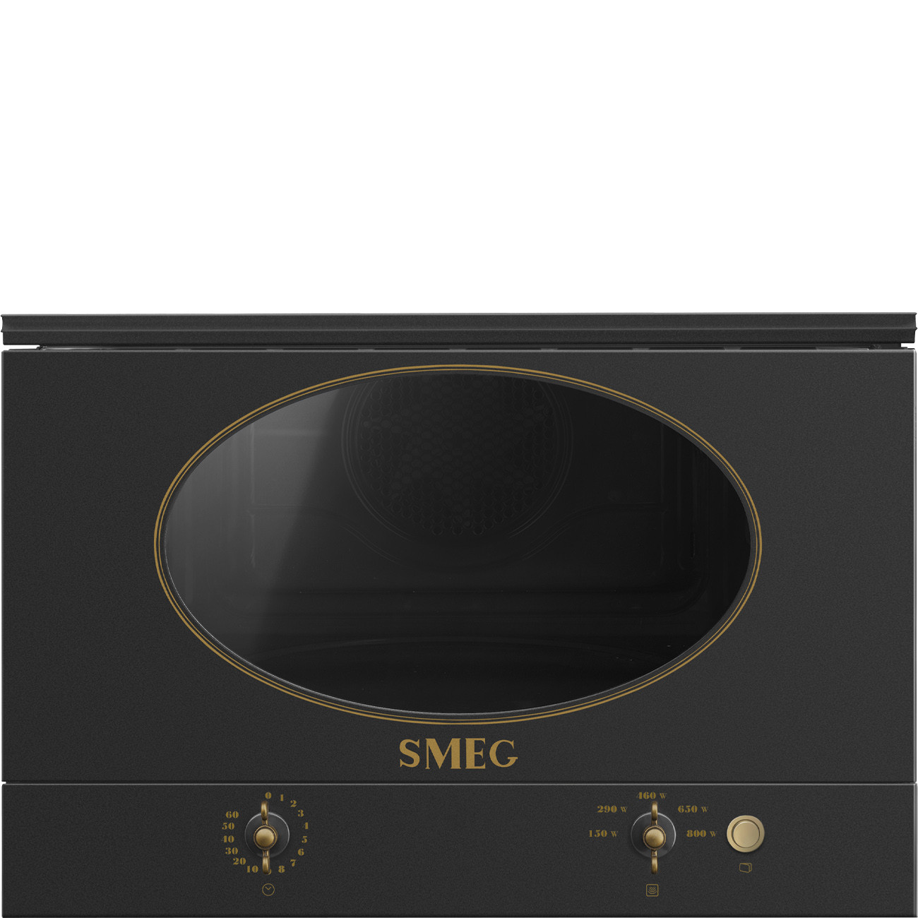 Horno SMEG negro con borde dorado y ventana ovalada.