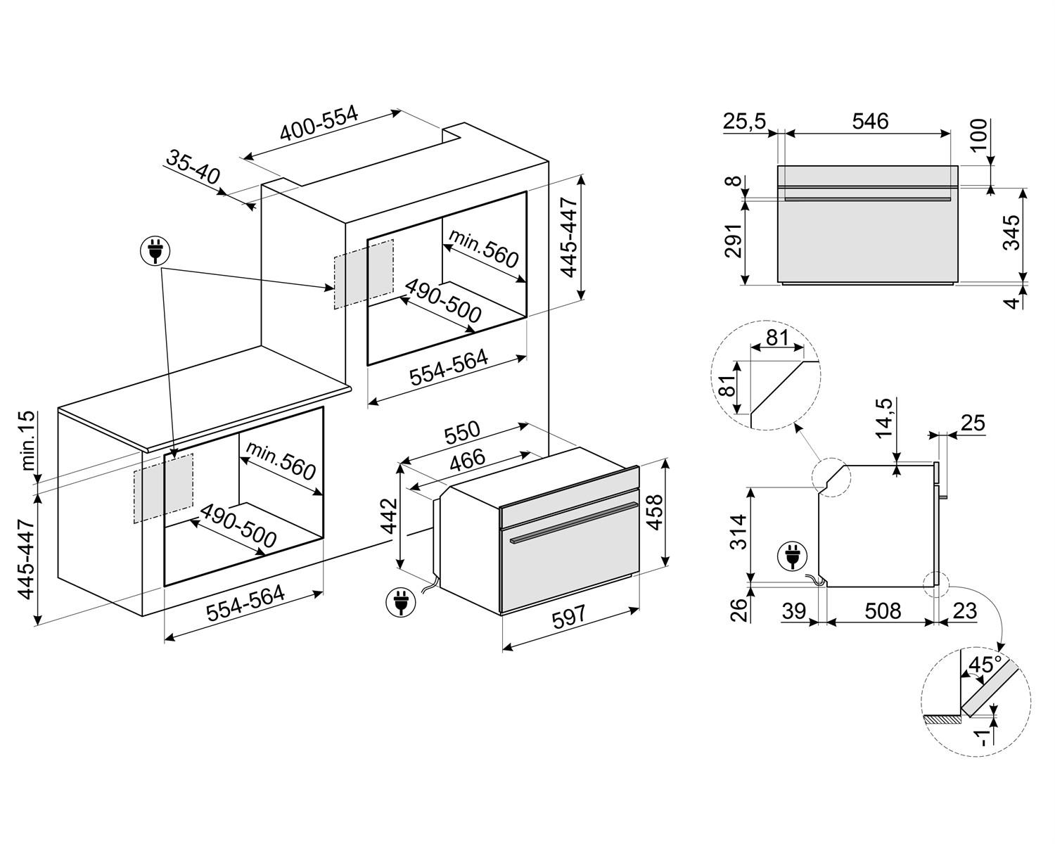 Disegni tecnici di elettrodomestici da cucina con dimensioni e dettagli.