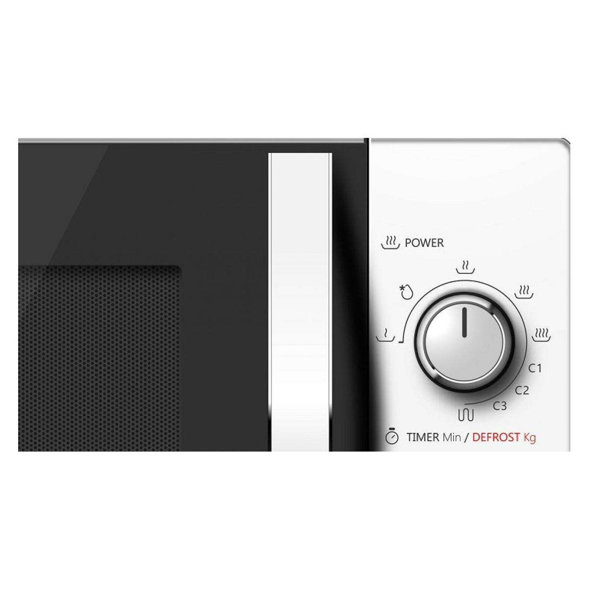 Gros plan du panneau de commande d'un micro-ondes avec cadran et boutons.