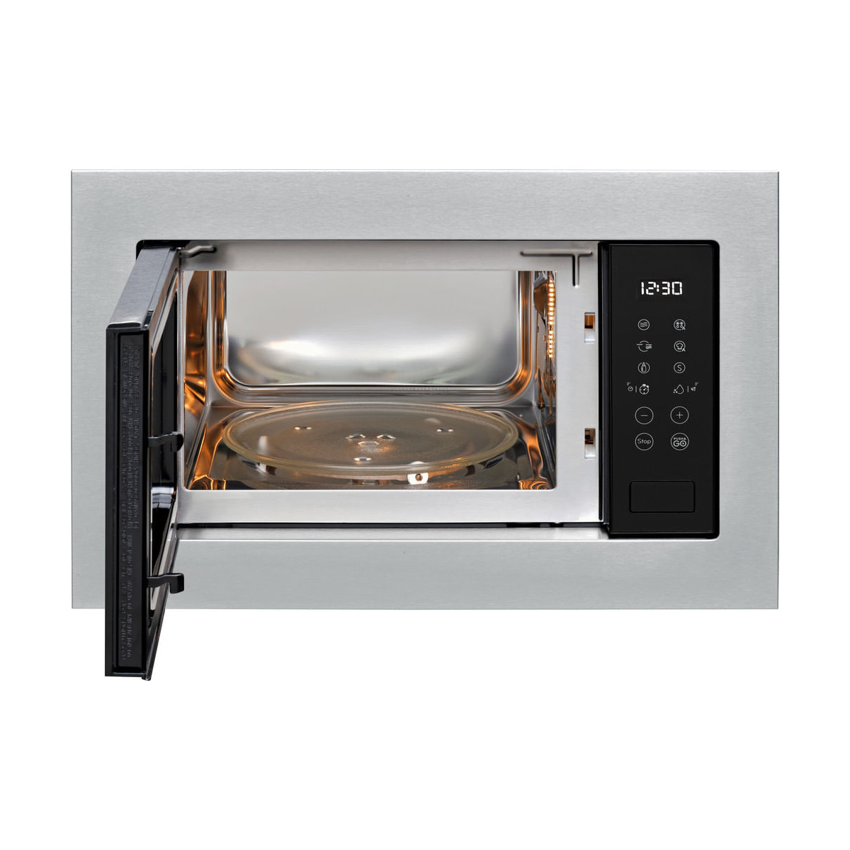 Un forno a microonde da incasso con la porta aperta, che mostra il piatto girevole in vetro.