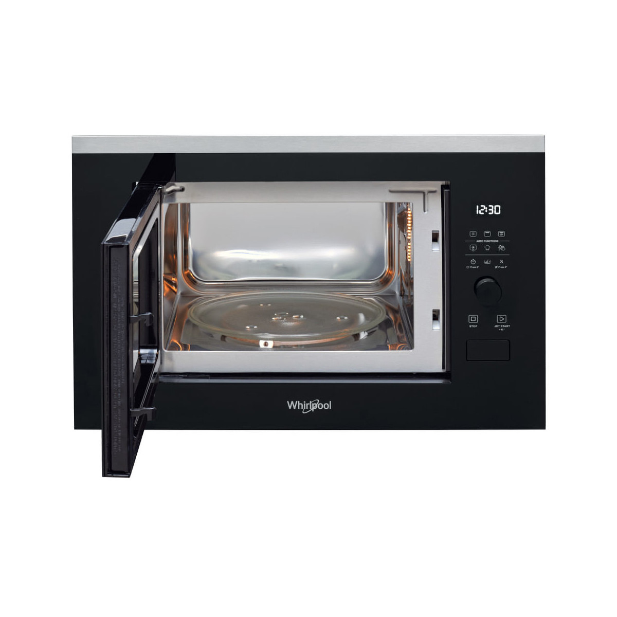 Un microondas Whirlpool negro con la puerta abierta, mostrando un plato giratorio de cristal.