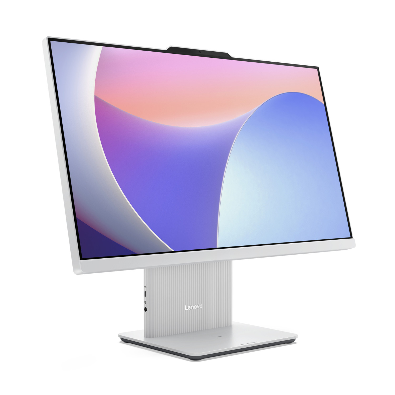 Un computer all-in-one bianco con logo Lenovo e sfondo astratto.